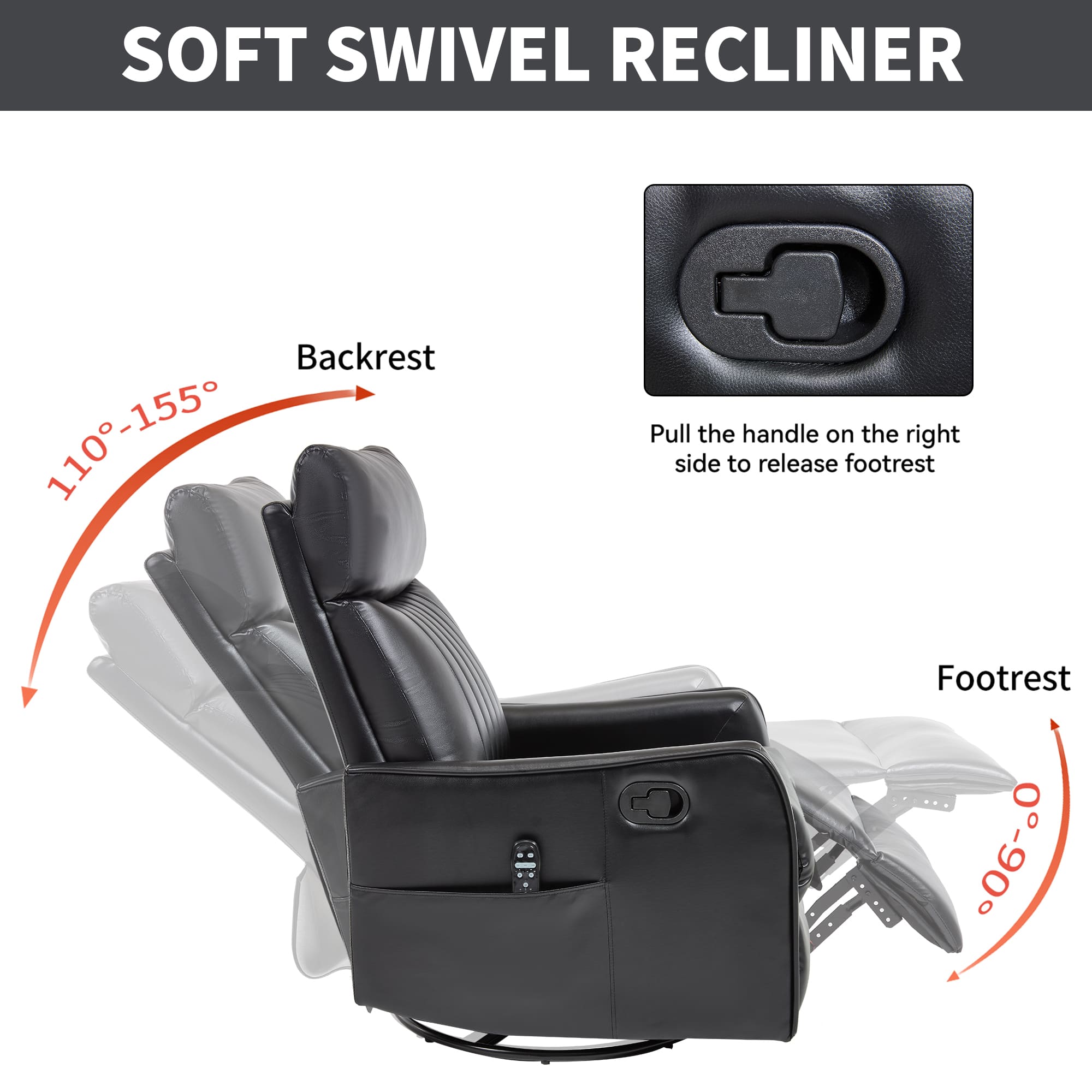 Black Faux Leather Manual Swivel Rocker Massage Heat Recliner Chair