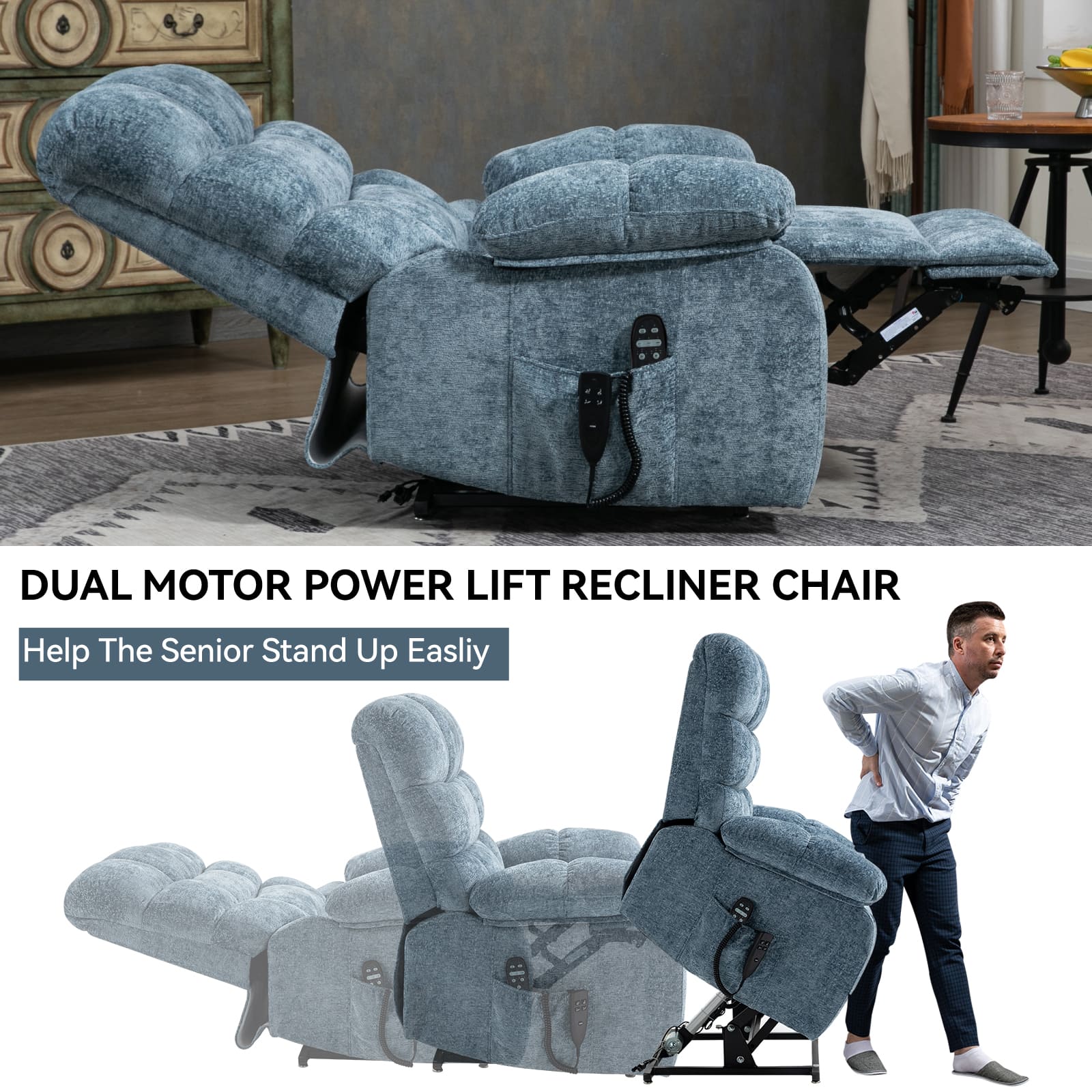 Oversized German Dual Motor Electric Massage Heat Power Lift Recliner Chair