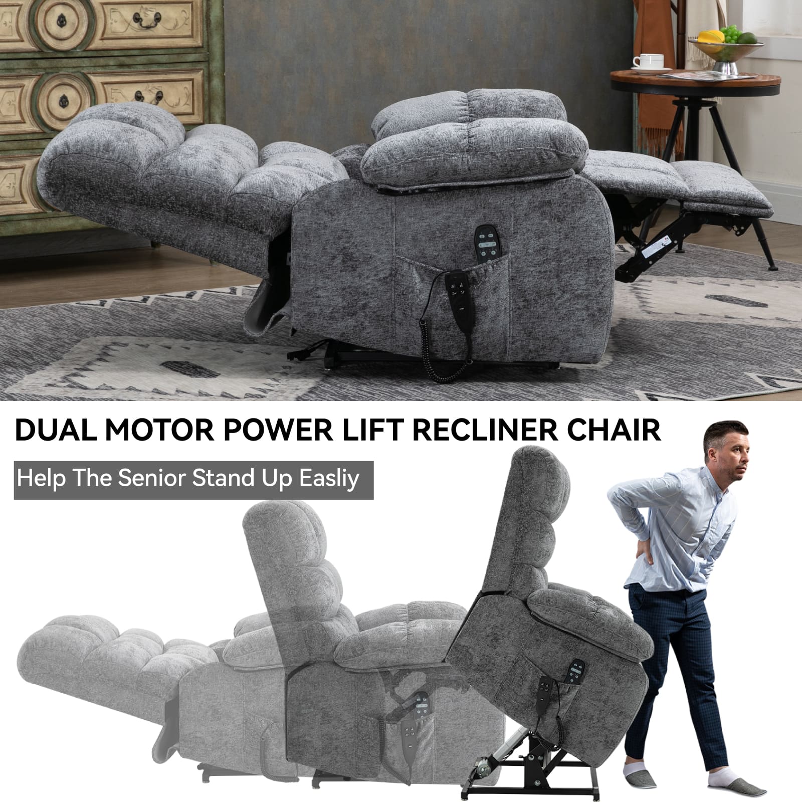 Oversized German Dual Motor Electric Massage Heat Power Lift Recliner Chair
