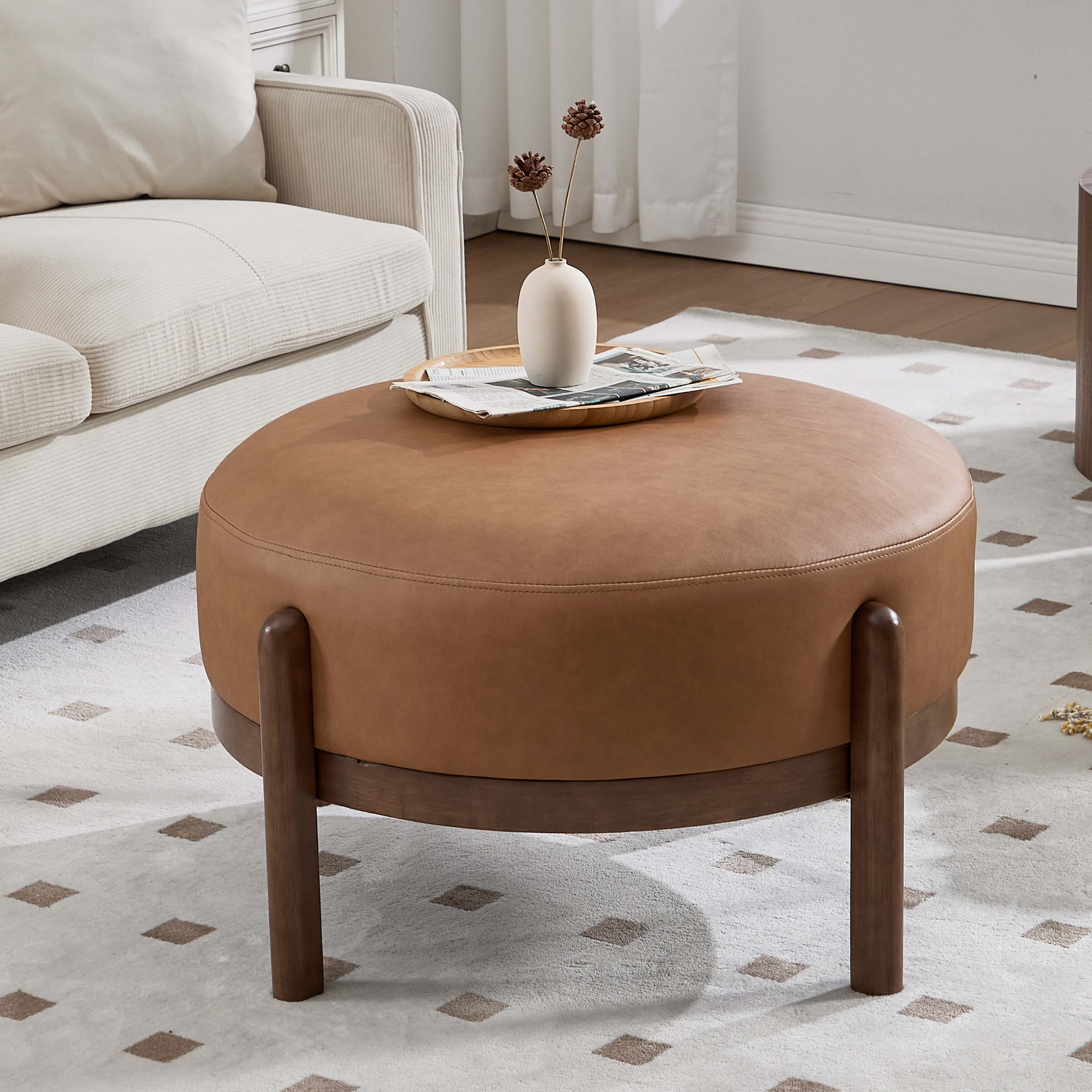 Modern Soft Ottoman with Wood Legs - 2673OT