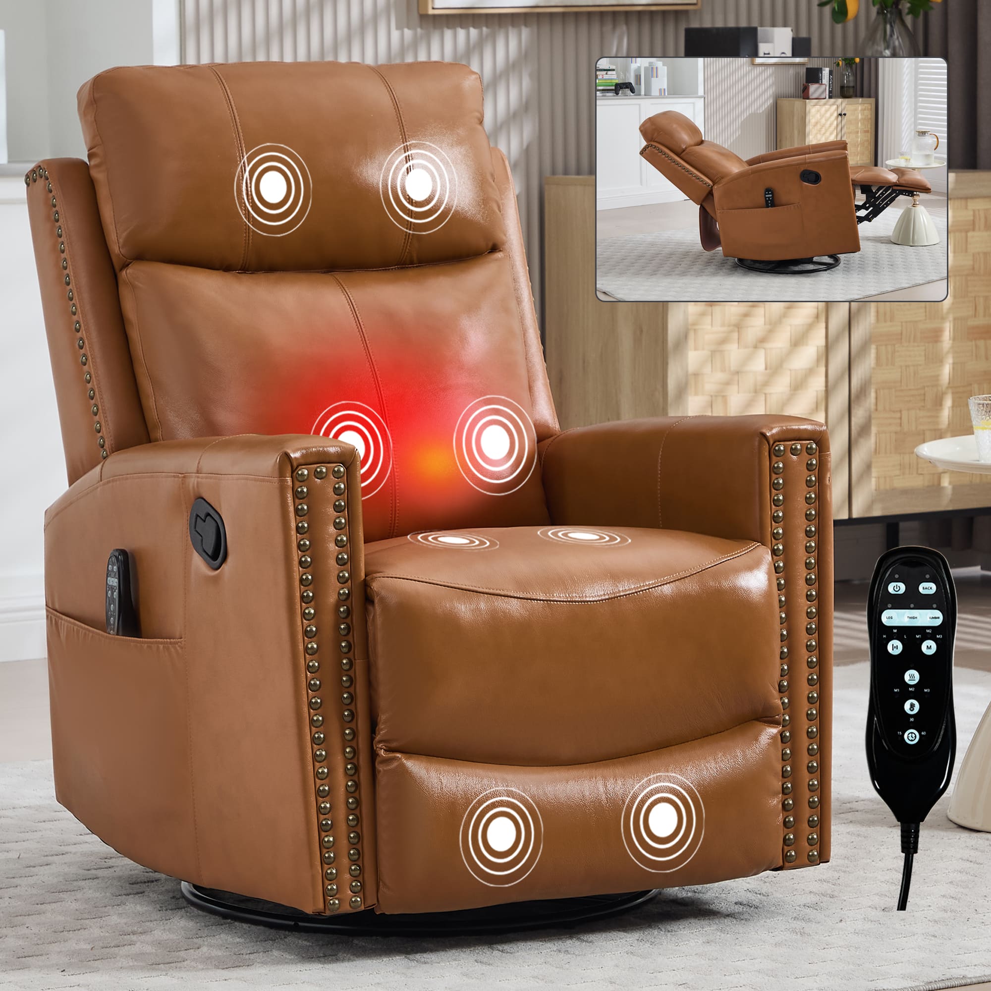 Modern Swivel Genuine Leather Heat Massage Manual Recliner Chair - Brown