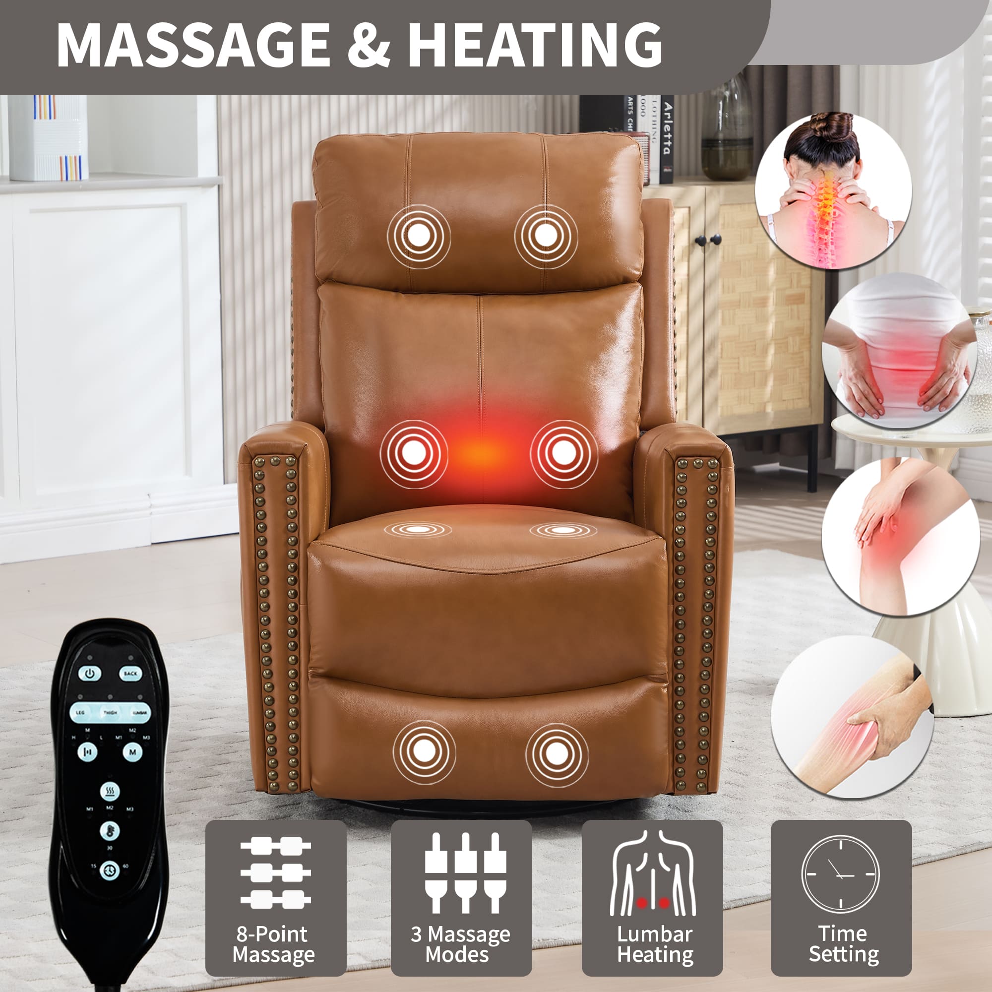 Genuine Leather Manual Swivel Rocker Massage Heat Recliner Chair