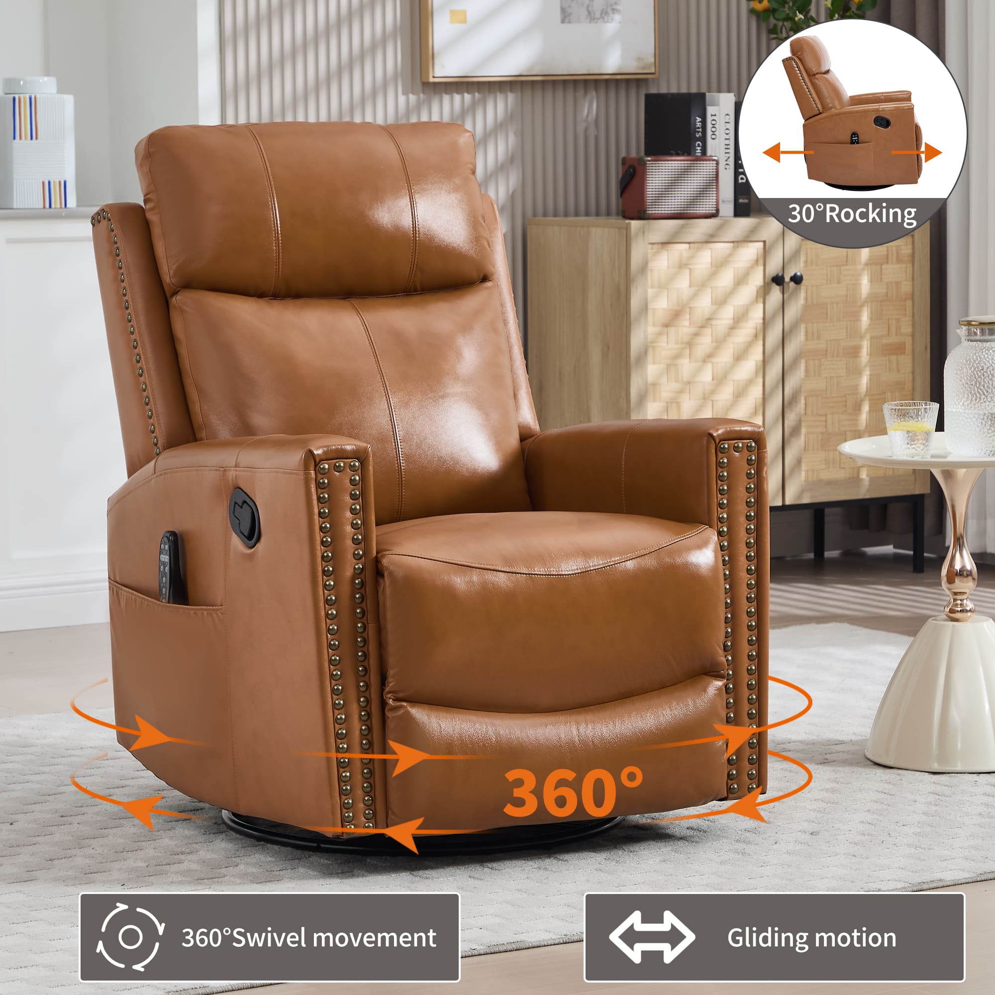 Genuine Leather Manual Swivel Rocker Massage Heat Recliner Chair