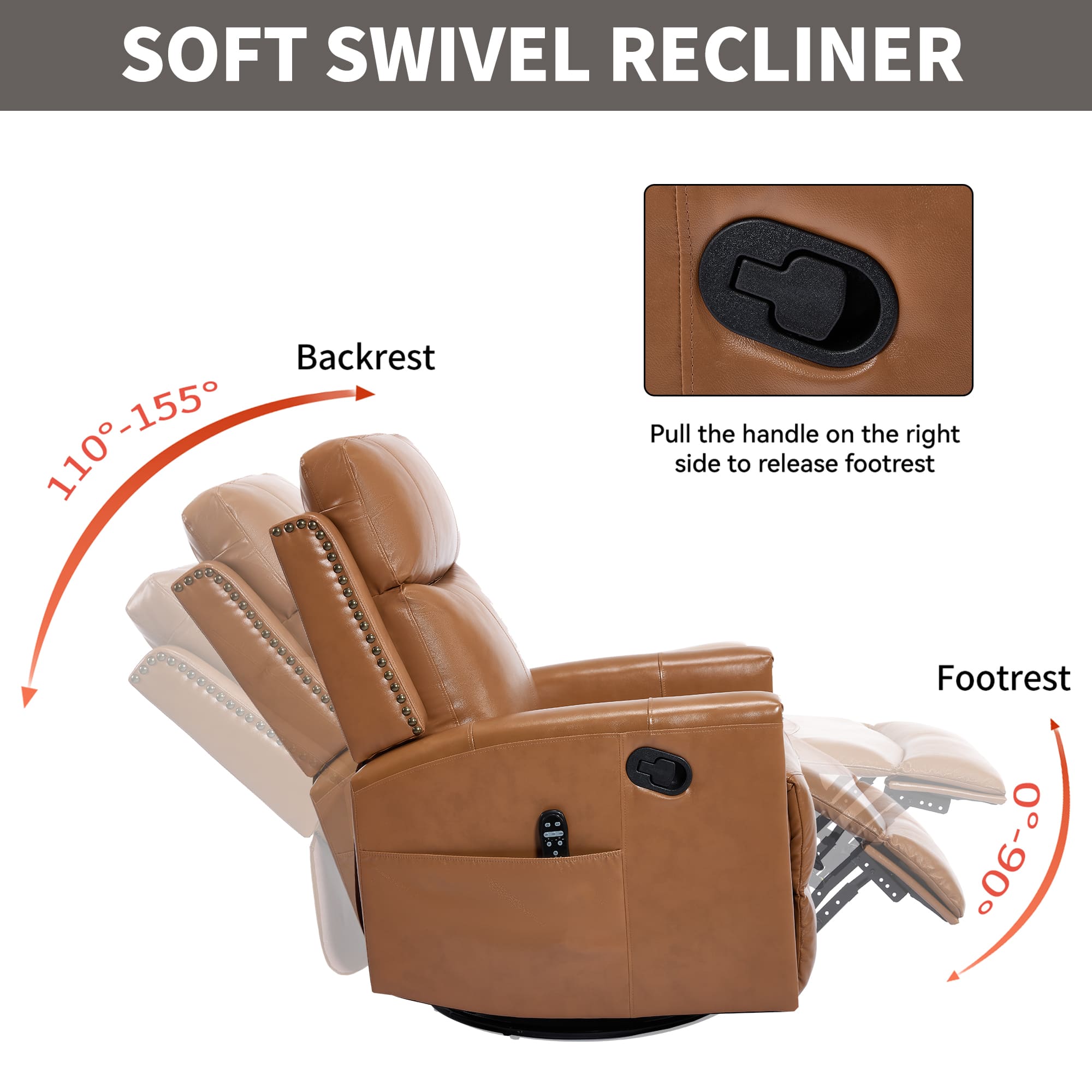 Genuine Leather Manual Swivel Rocker Massage Heat Recliner Chair