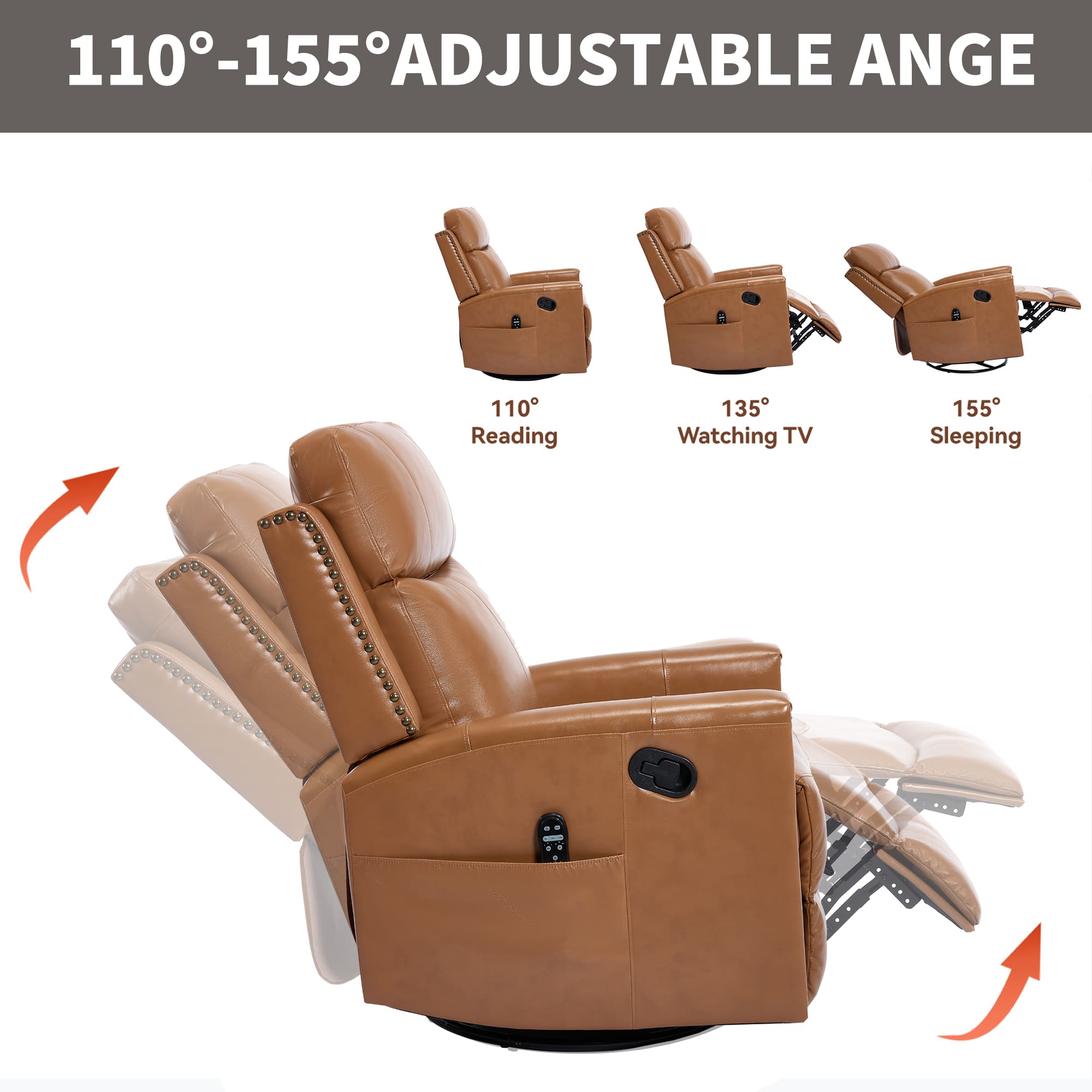 Genuine Leather Manual Swivel Rocker Massage Heat Recliner Chair