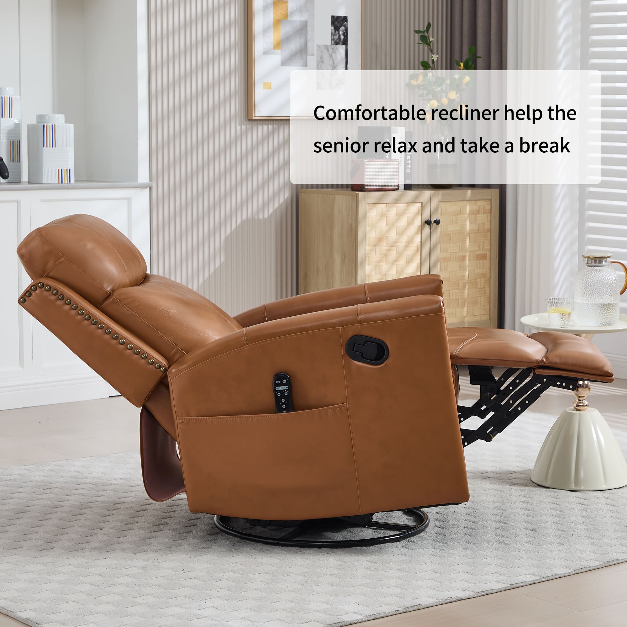 Genuine Leather Manual Swivel Rocker Massage Heat Recliner Chair