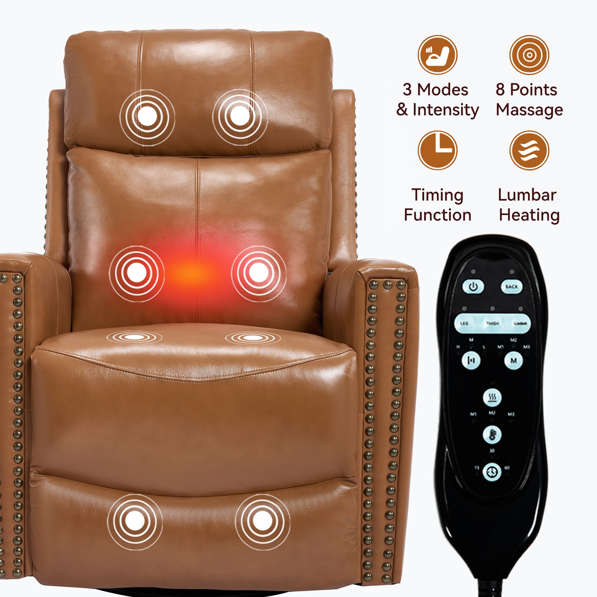 Genuine Leather Manual Swivel Rocker Massage Heat Recliner Chair
