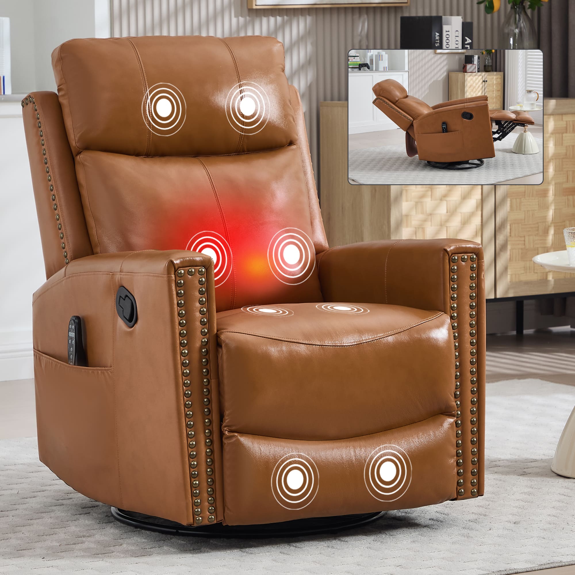 Genuine Leather Manual Swivel Rocker Massage Heat Recliner Chair