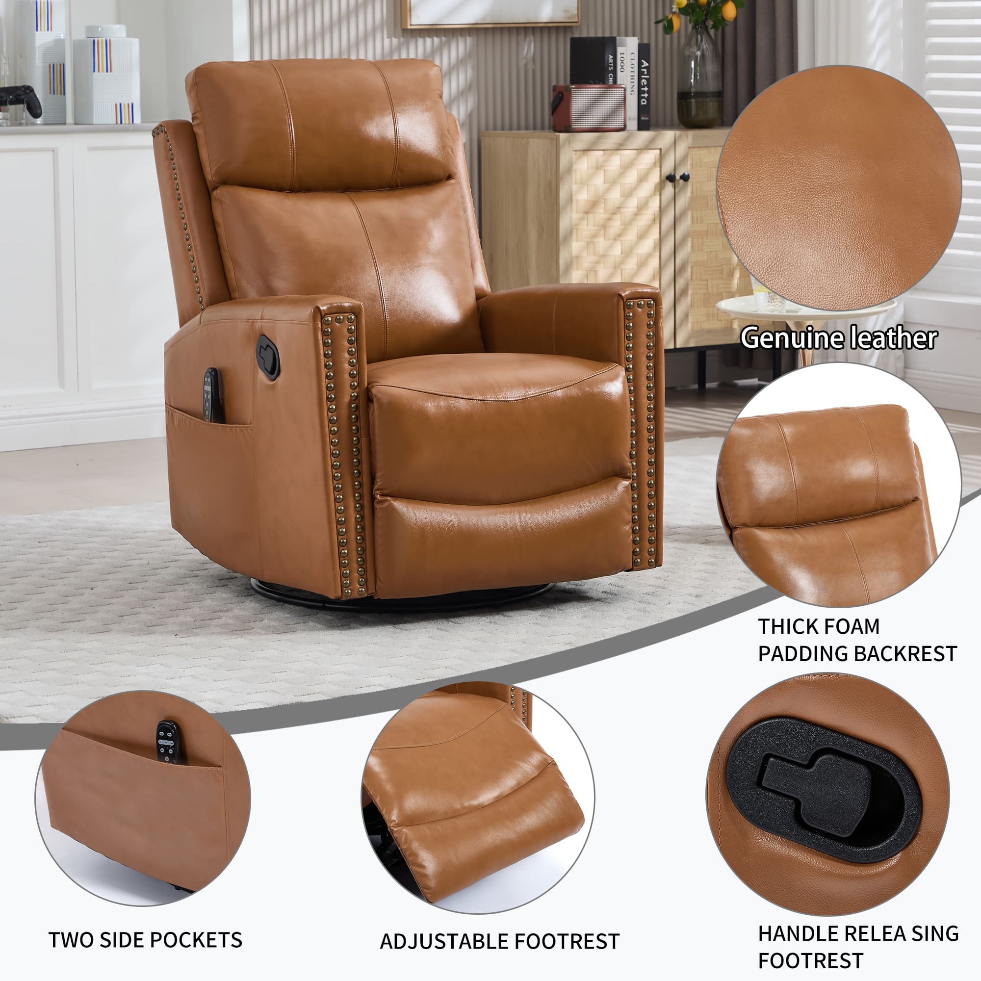 Genuine Leather Manual Swivel Rocker Massage Heat Recliner Chair