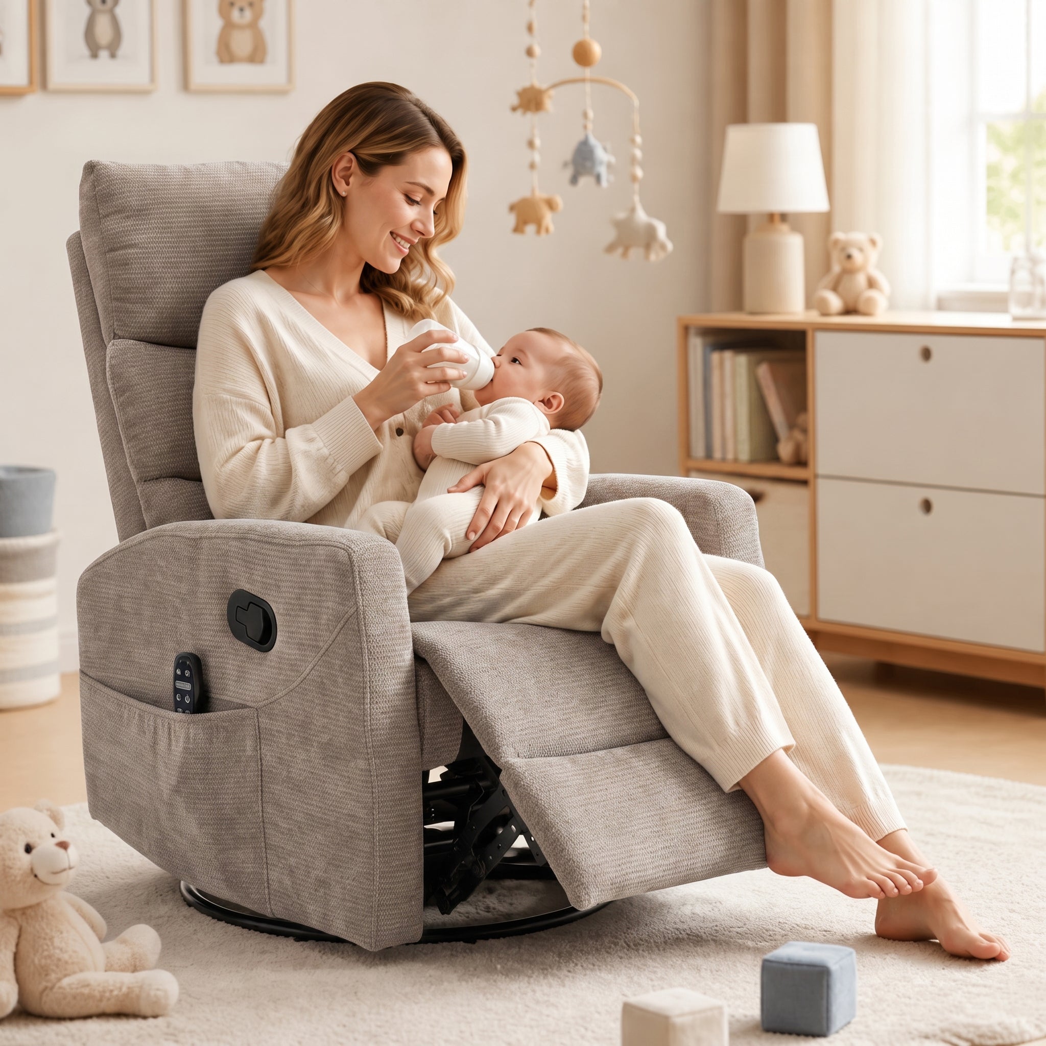 Modern Chenille 360 Swivel Rocker Massage Heat Recliner Chair
