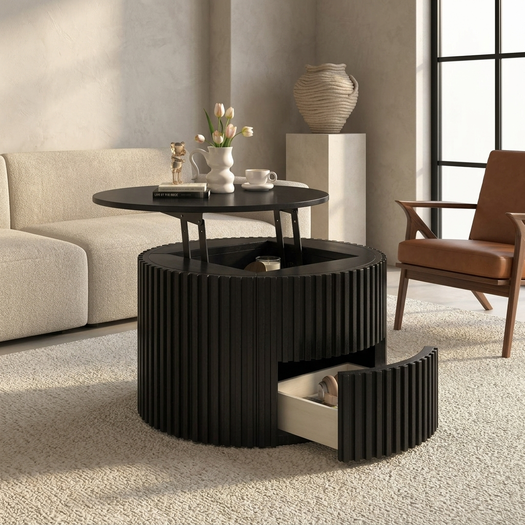 29.8" Round Lift Top Coffee Table with Storage & Fluted Base