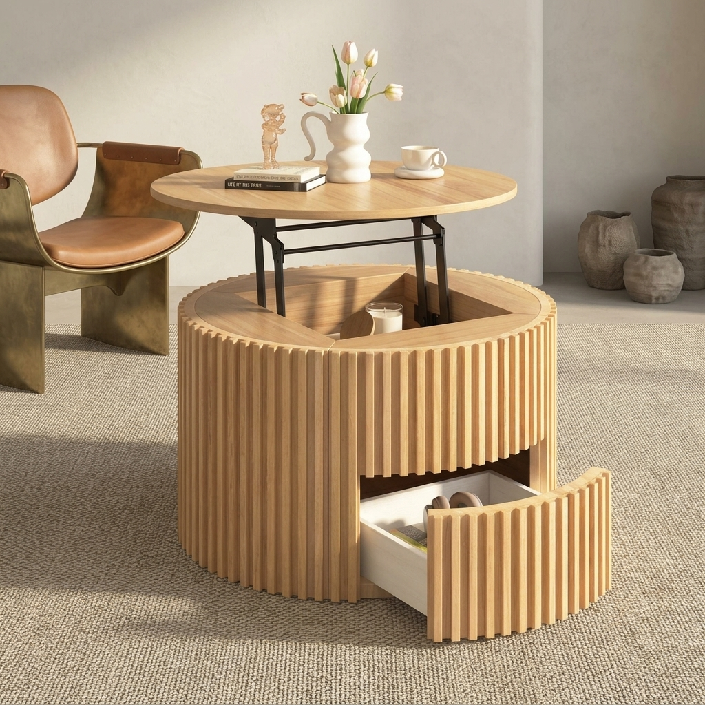 29.8" Round Lift Top Coffee Table with Storage & Fluted Base