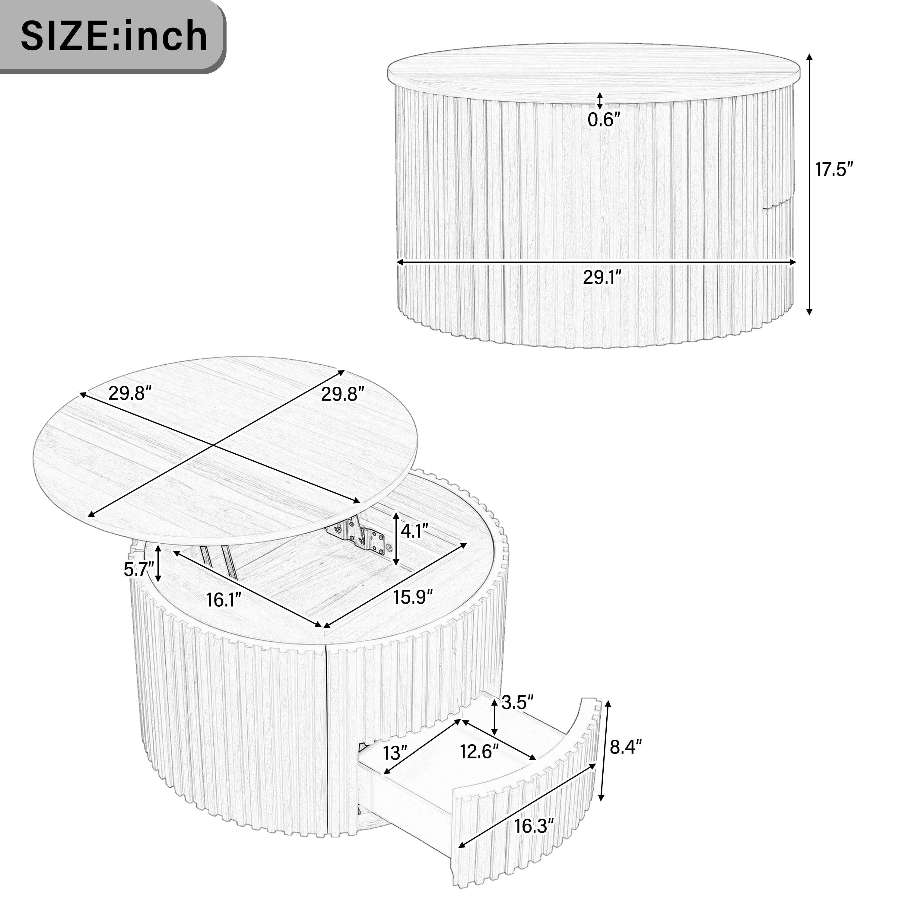 29.8" Round Lift Top Coffee Table with Storage & Fluted Base