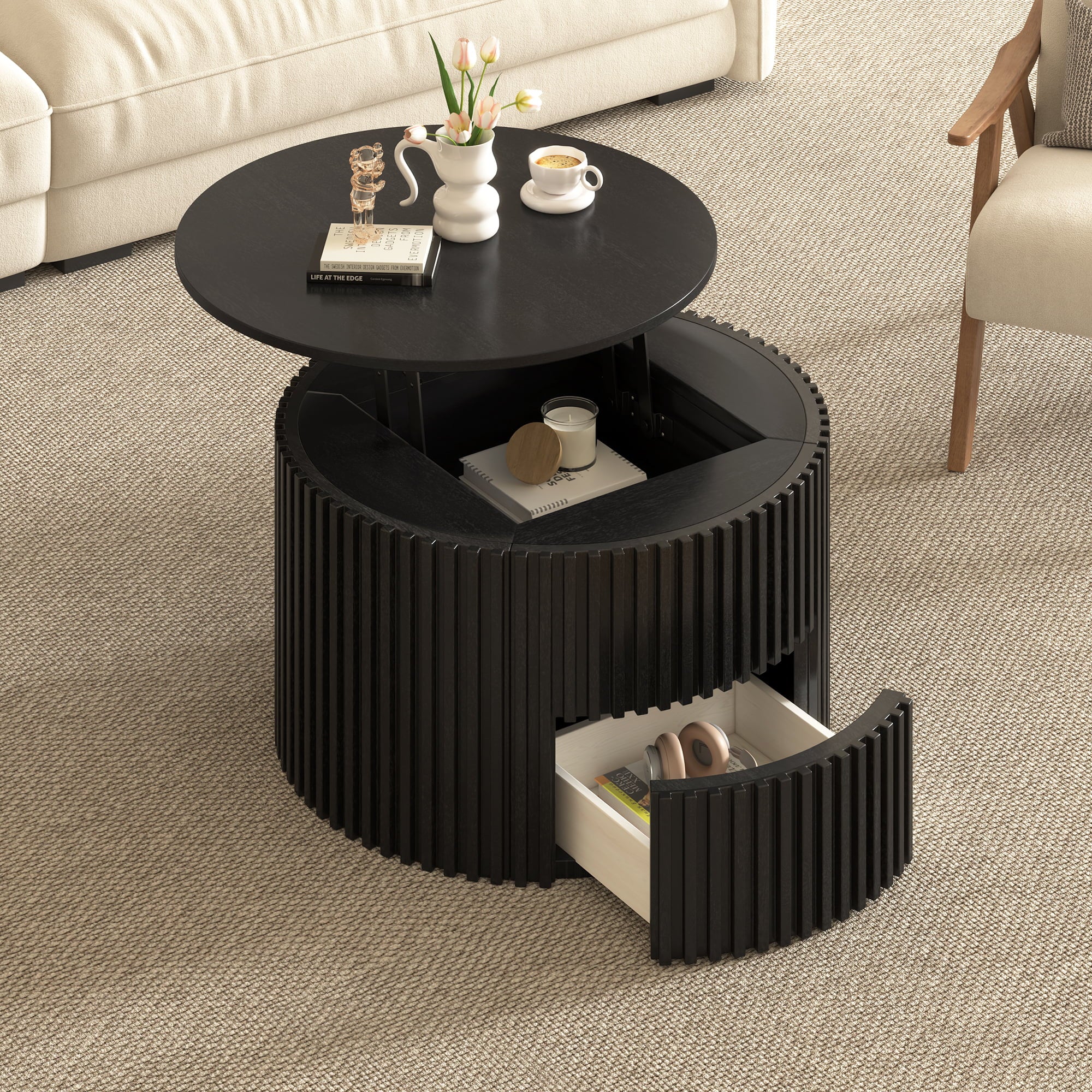 29.8" Round Lift Top Coffee Table with Storage & Fluted Base