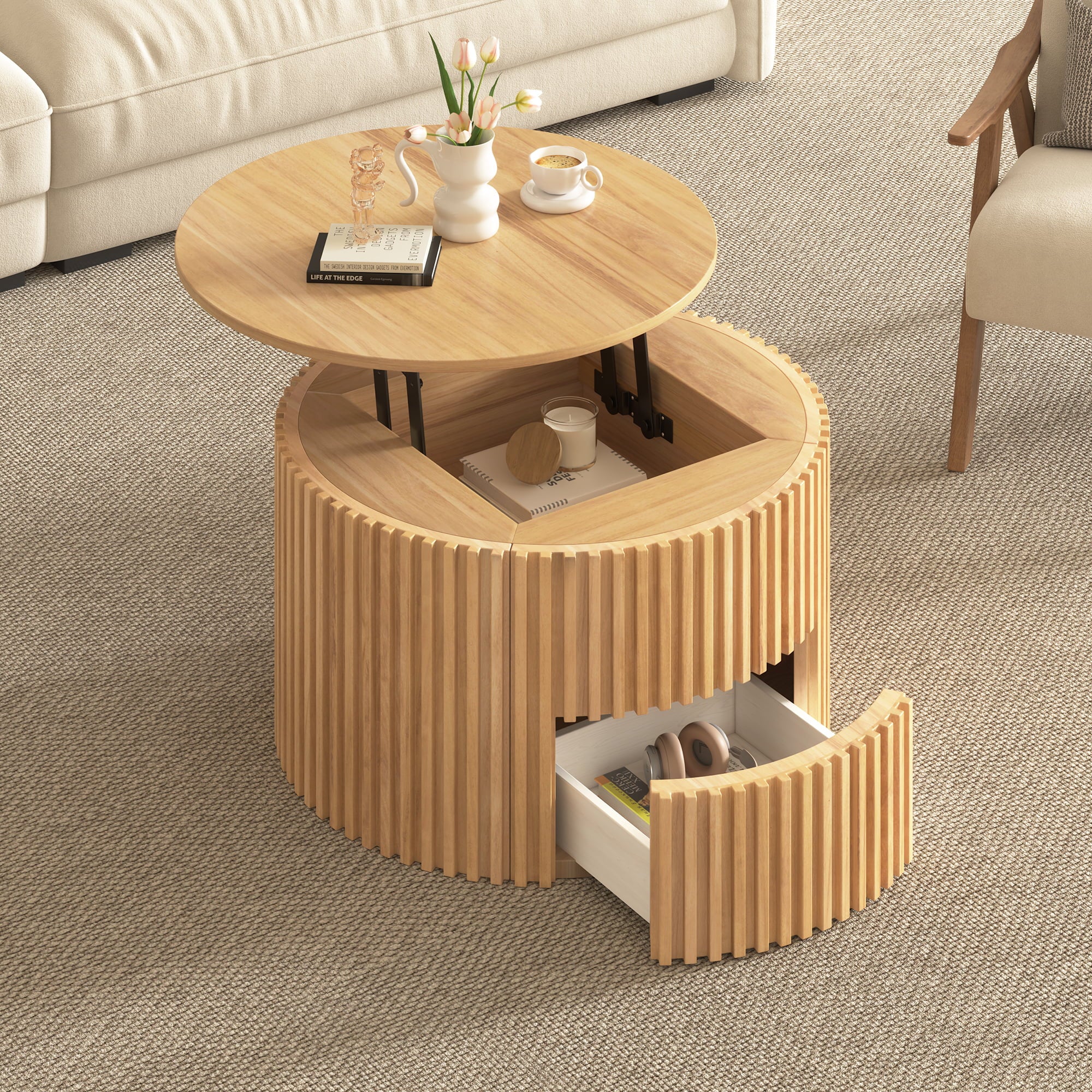 29.8" Round Lift Top Coffee Table with Storage & Fluted Base