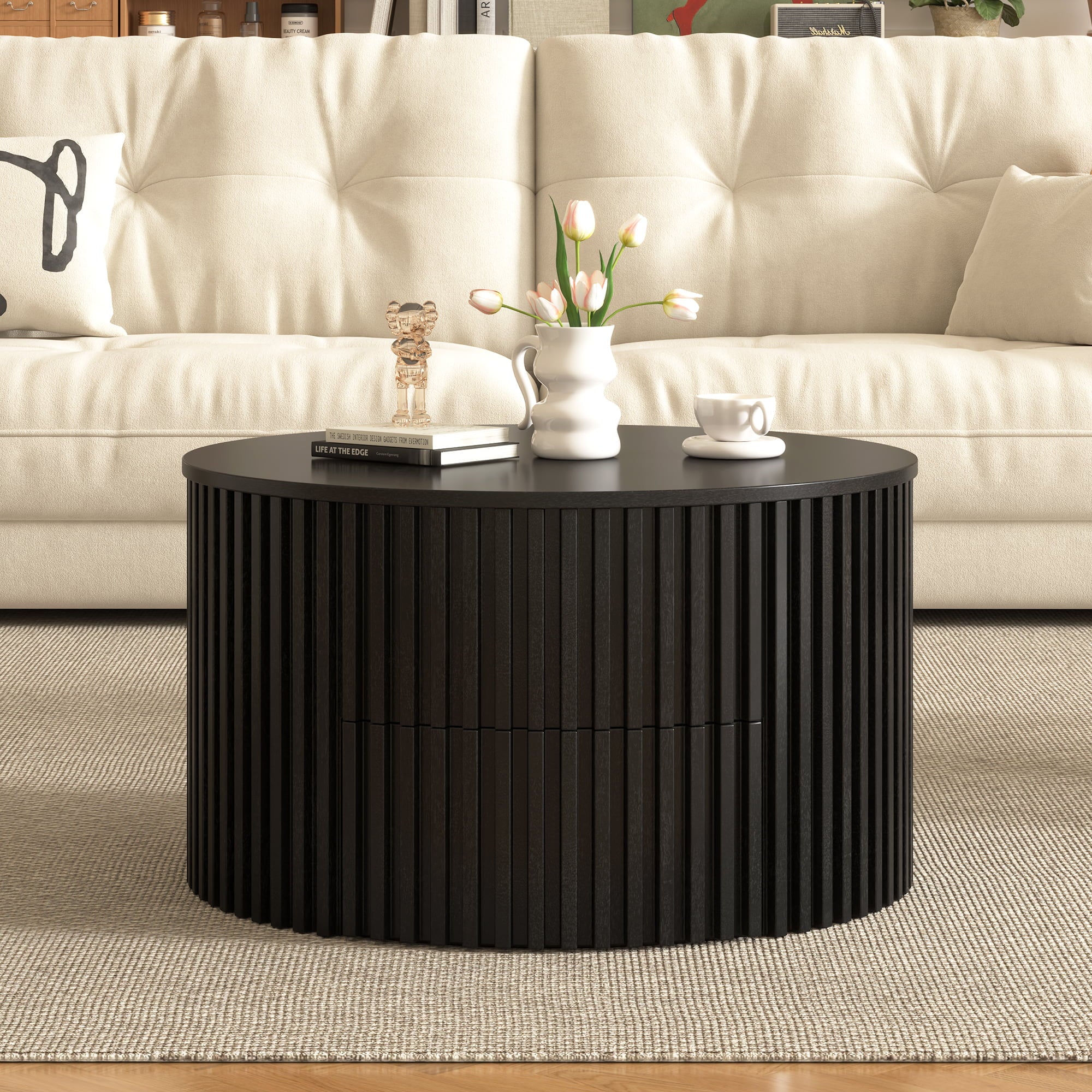 29.8" Round Lift Top Coffee Table with Storage & Fluted Base