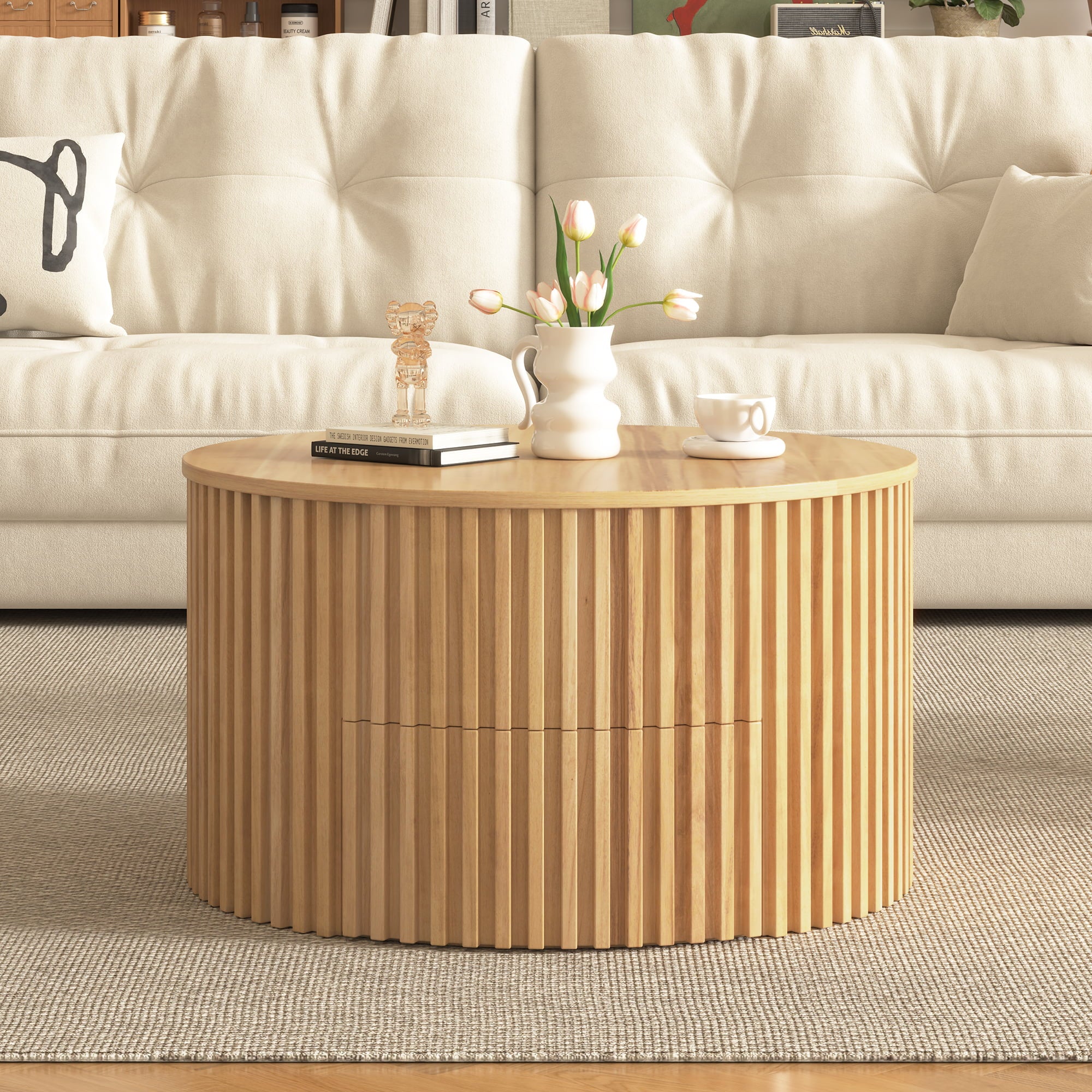 29.8" Round Lift Top Coffee Table with Storage & Fluted Base