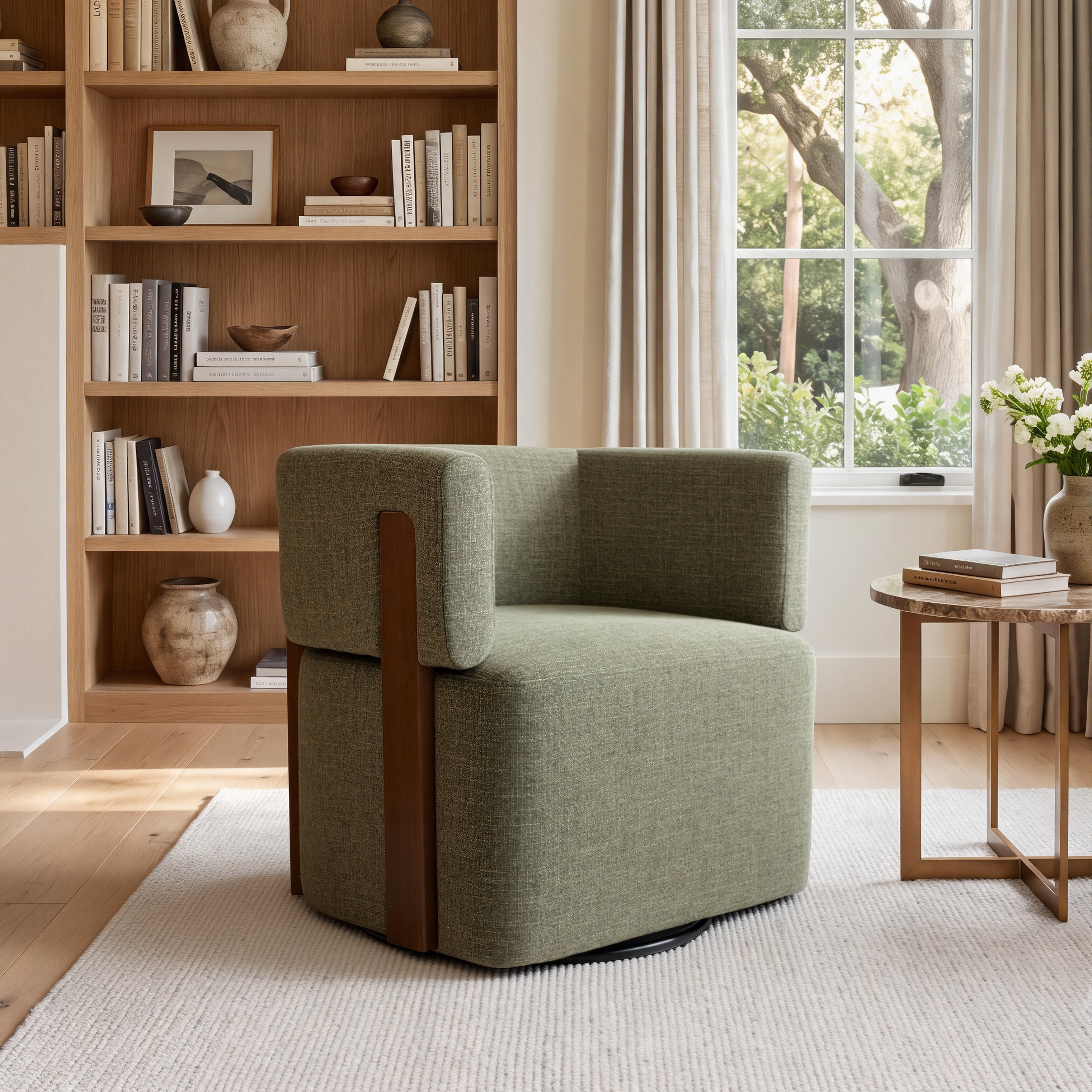 Modern Swivel Linen Accent Chair with Ash Wood Supports