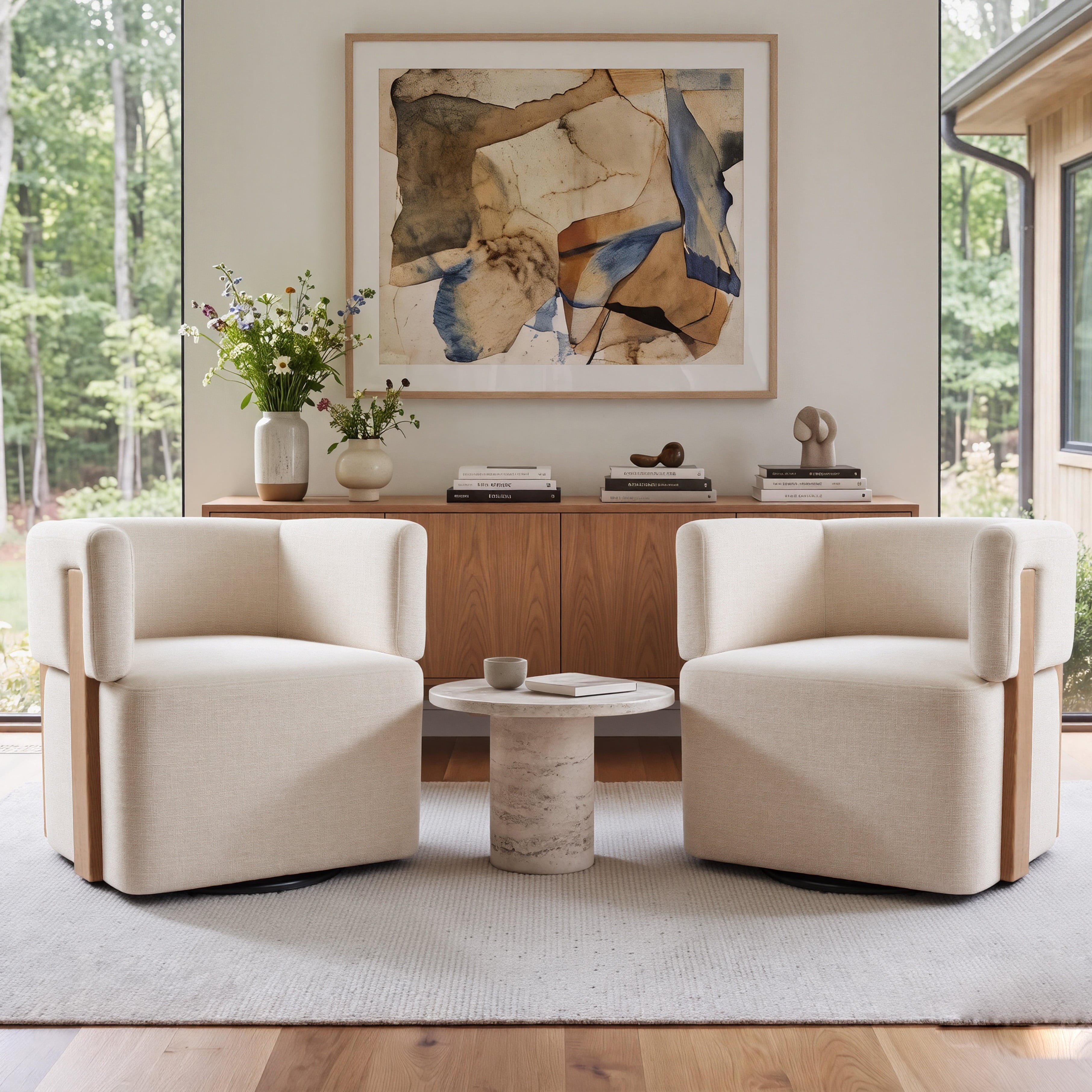 Modern Swivel Linen Accent Chair with Ash Wood Supports