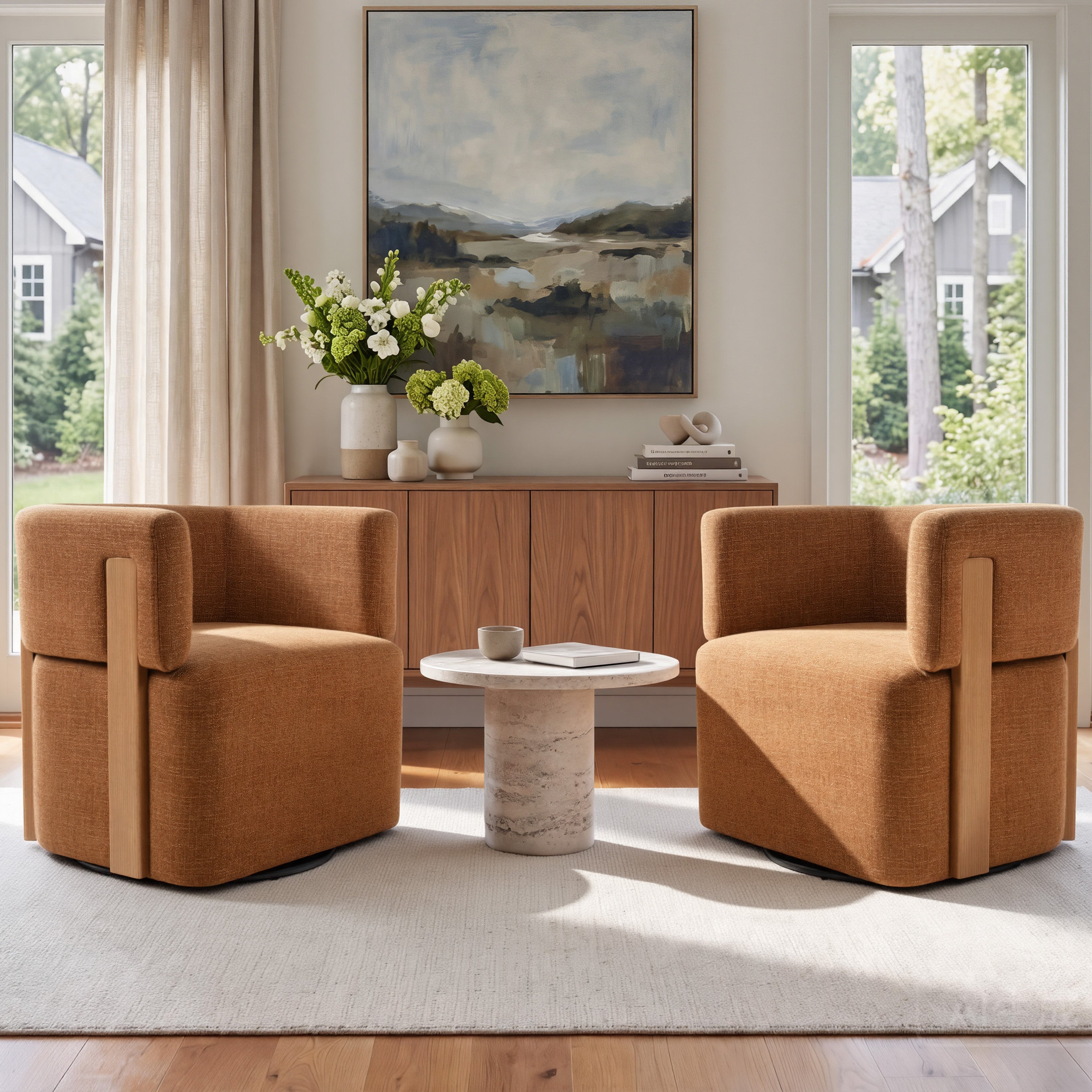 Modern Swivel Linen Accent Chair with Ash Wood Supports