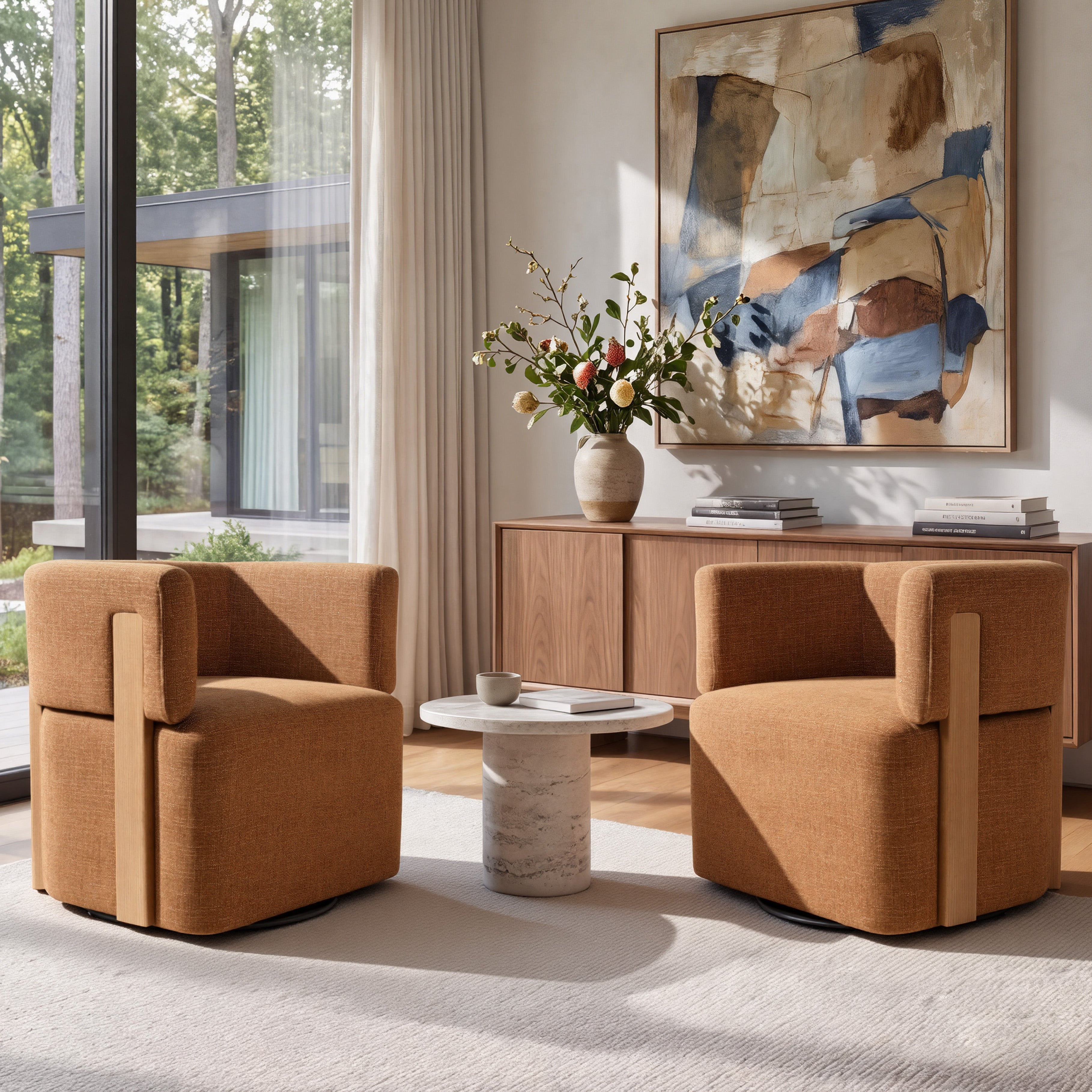 Modern Swivel Linen Accent Chair with Ash Wood Supports