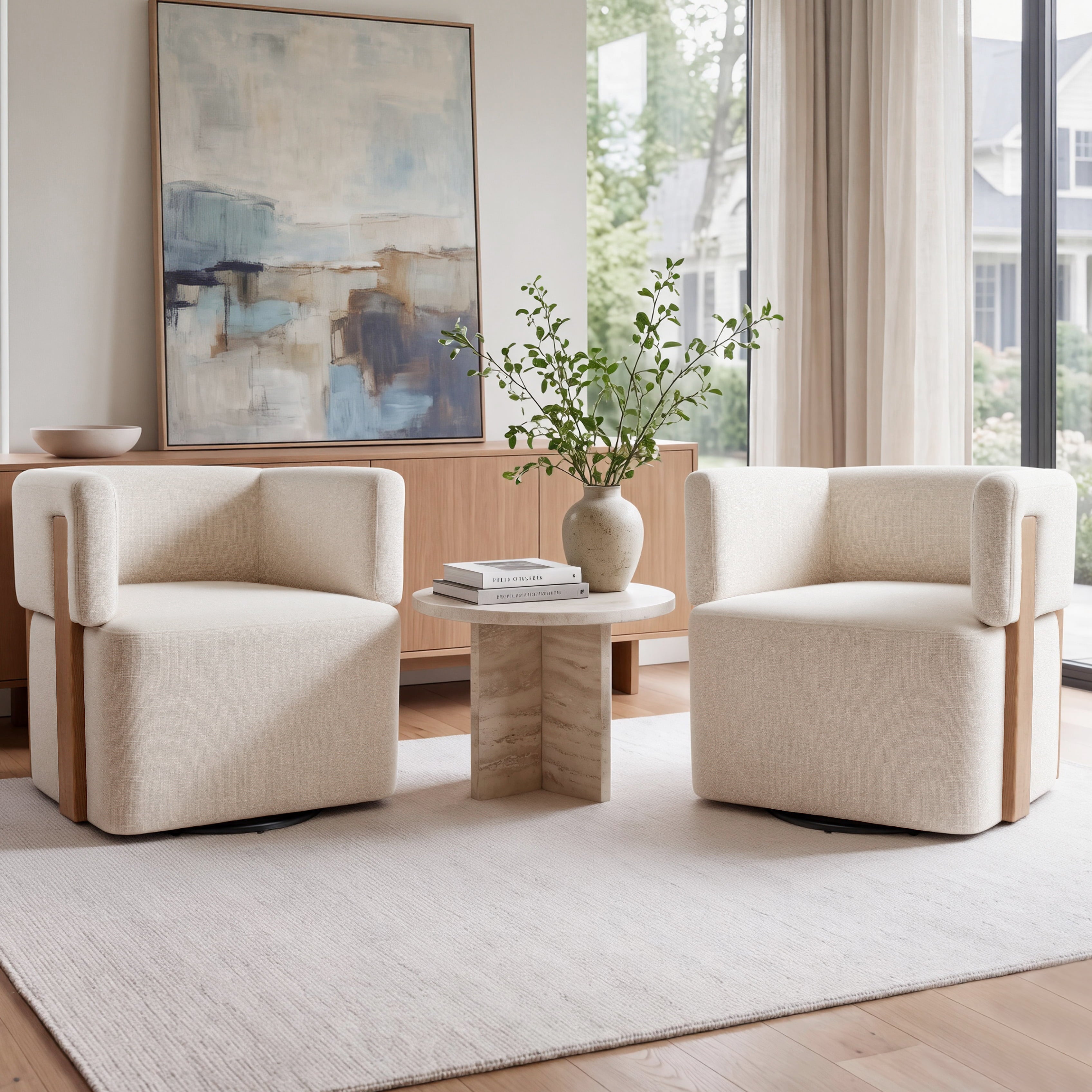 Modern Swivel Linen Accent Chair with Ash Wood Supports