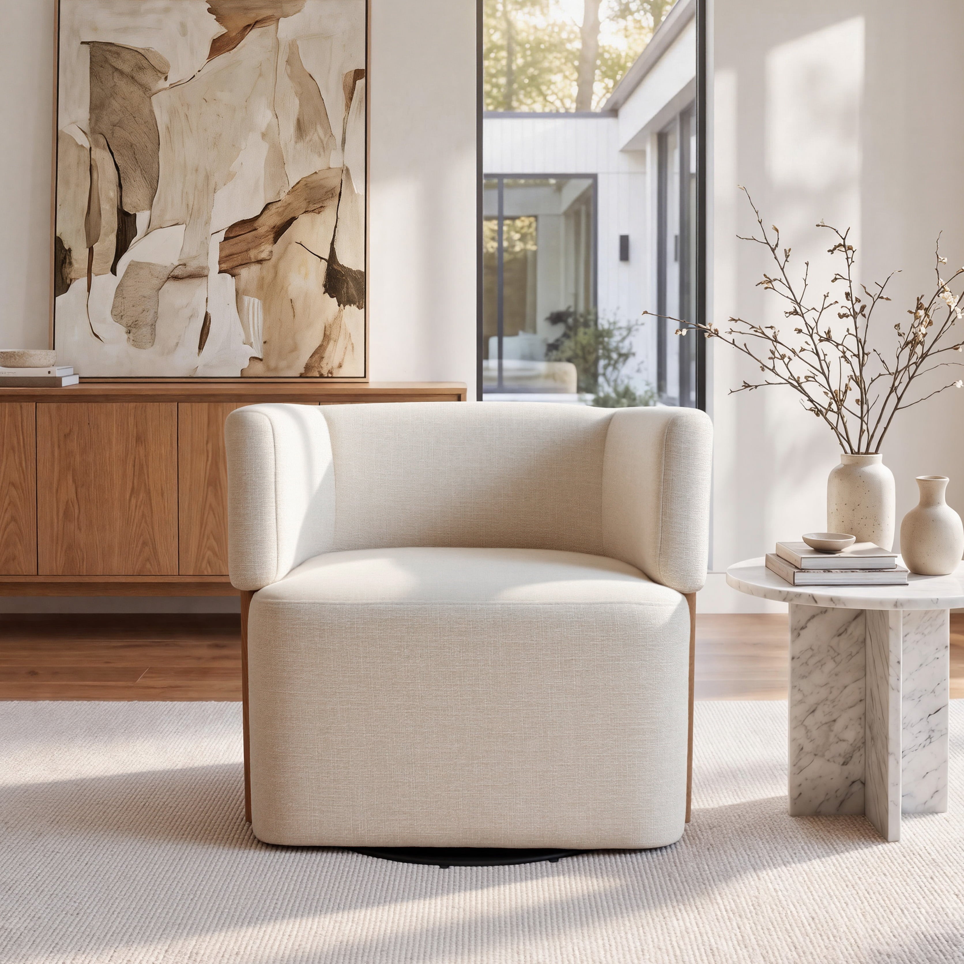Modern Swivel Linen Accent Chair with Ash Wood Supports