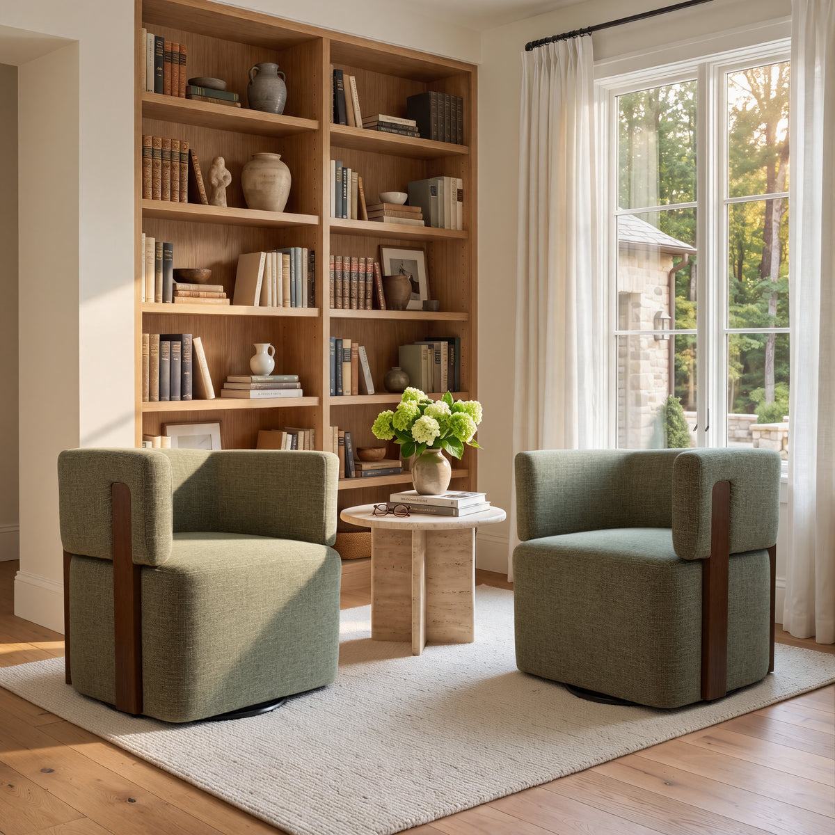 Modern Swivel Linen Accent Chair with Ash Wood Supports