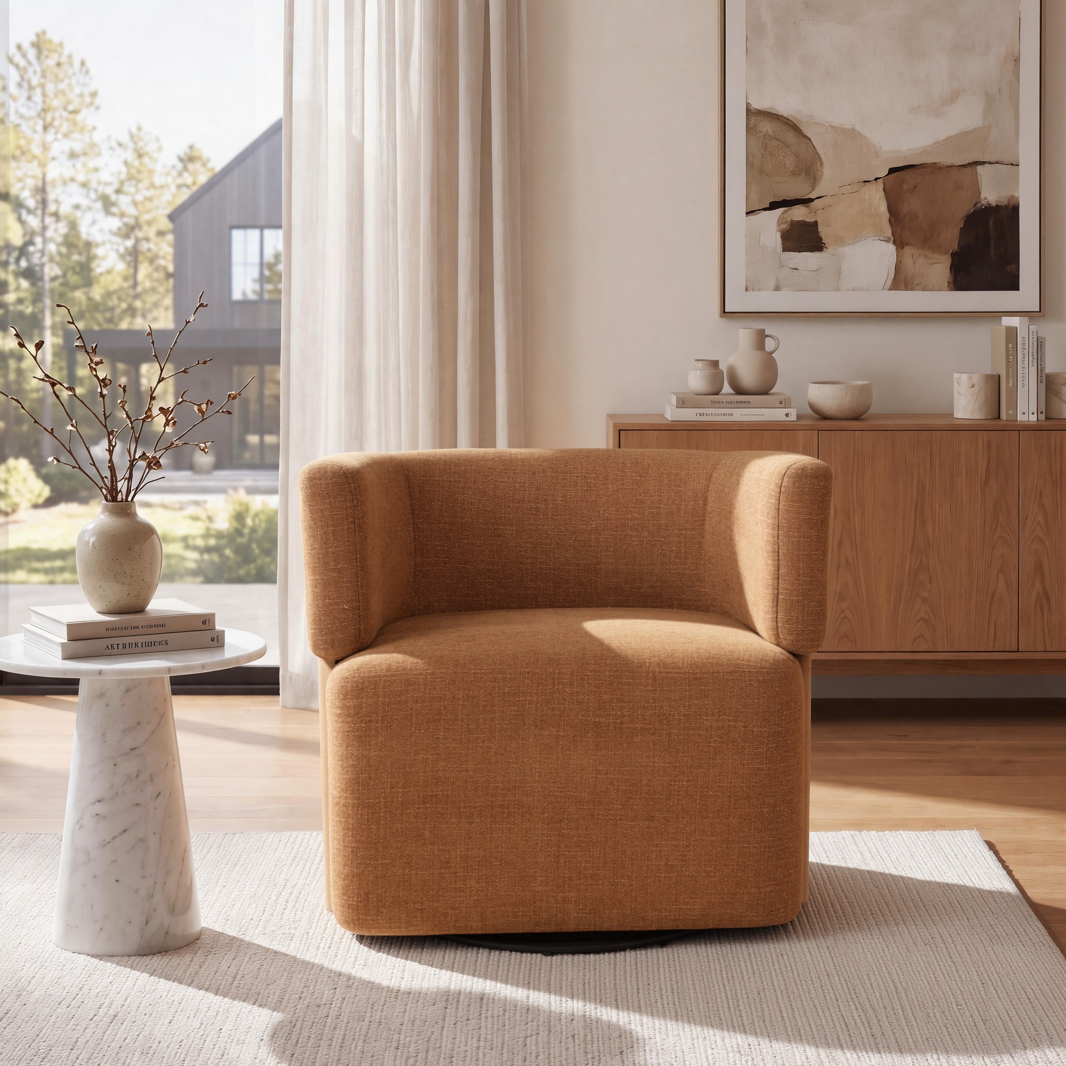 Modern Swivel Linen Accent Chair with Ash Wood Supports