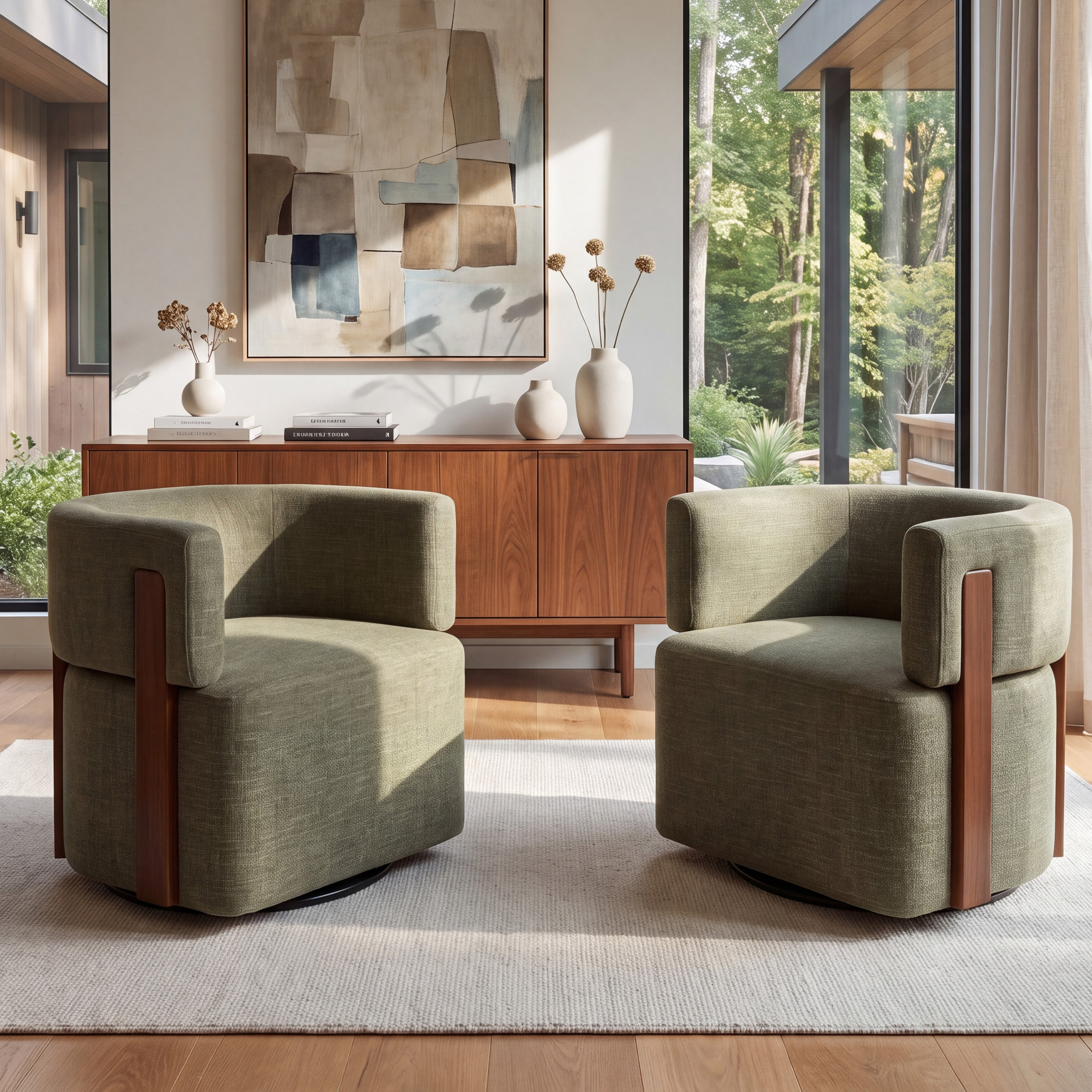 Modern Swivel Linen Accent Chair with Ash Wood Supports