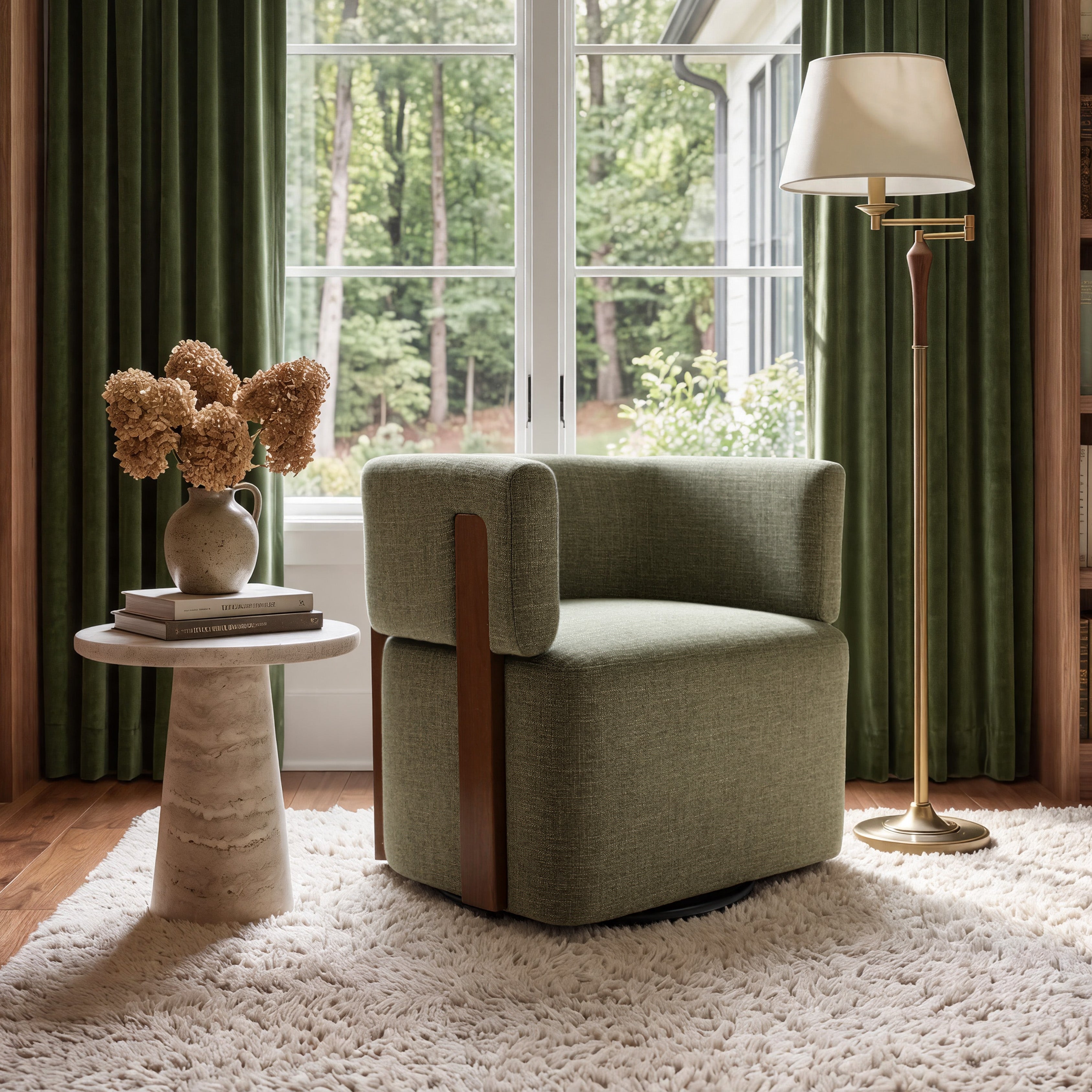 Modern Swivel Linen Accent Chair with Ash Wood Supports