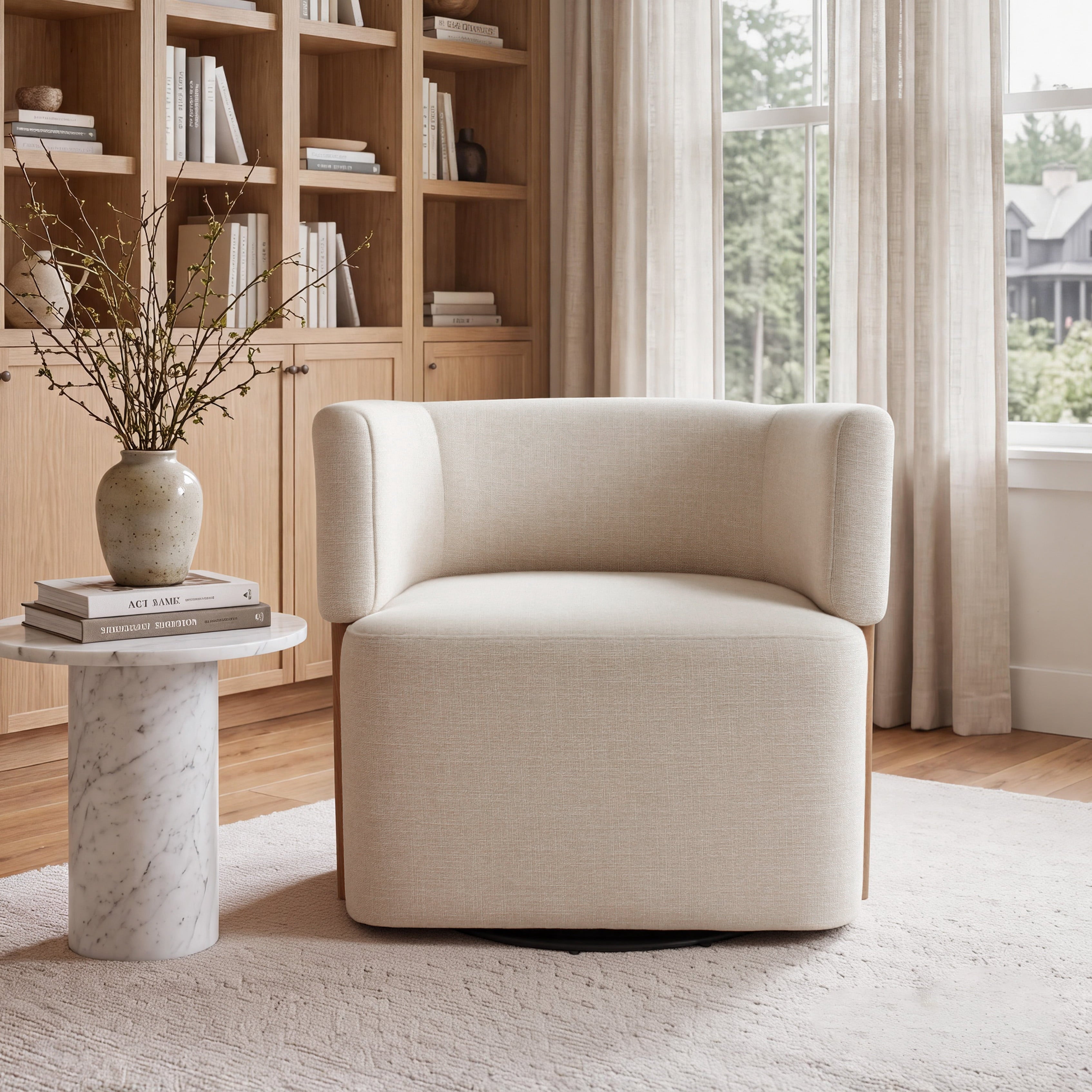 Modern Swivel Linen Accent Chair with Ash Wood Supports