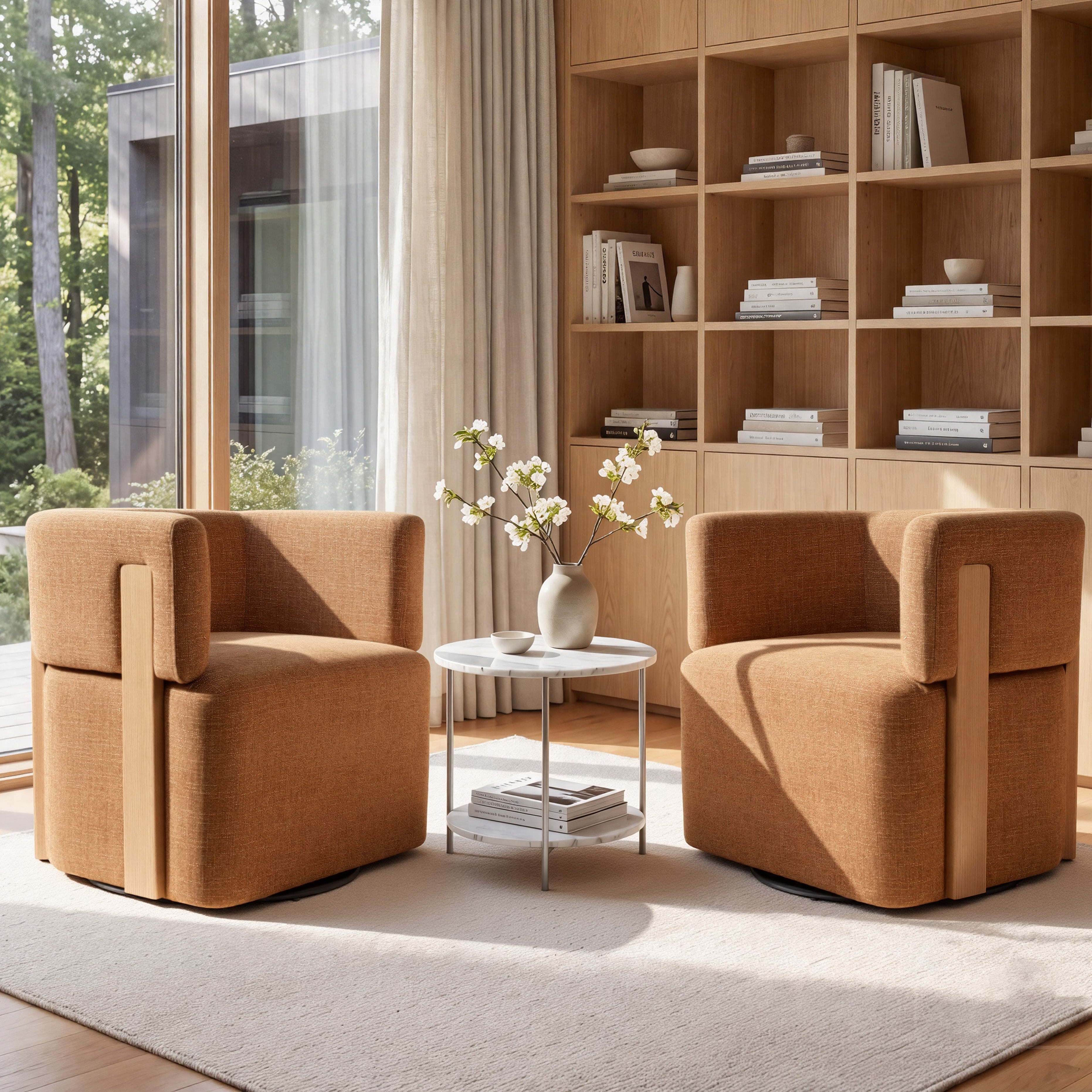 Modern Swivel Linen Accent Chair with Ash Wood Supports