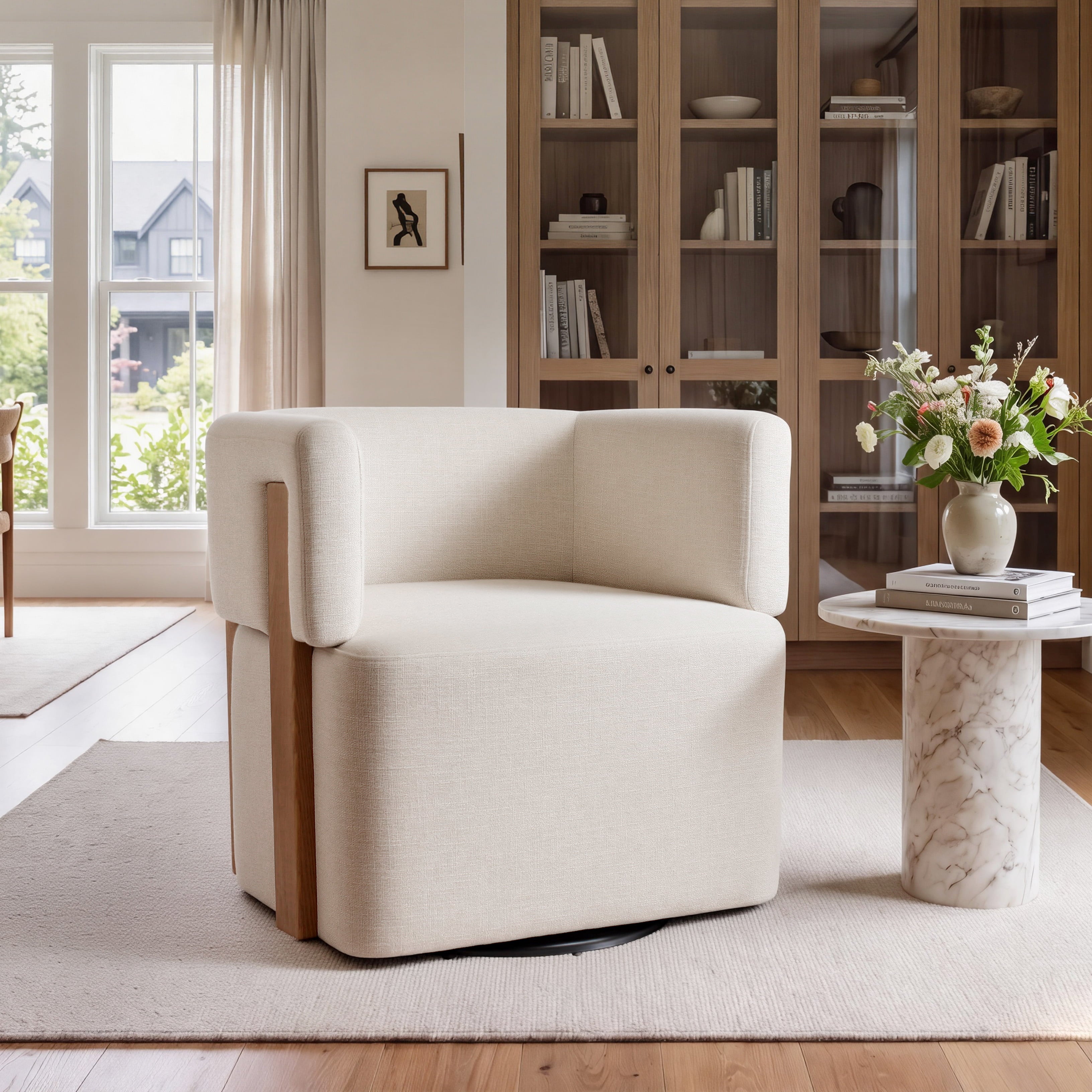 Modern Swivel Linen Accent Chair with Ash Wood Supports
