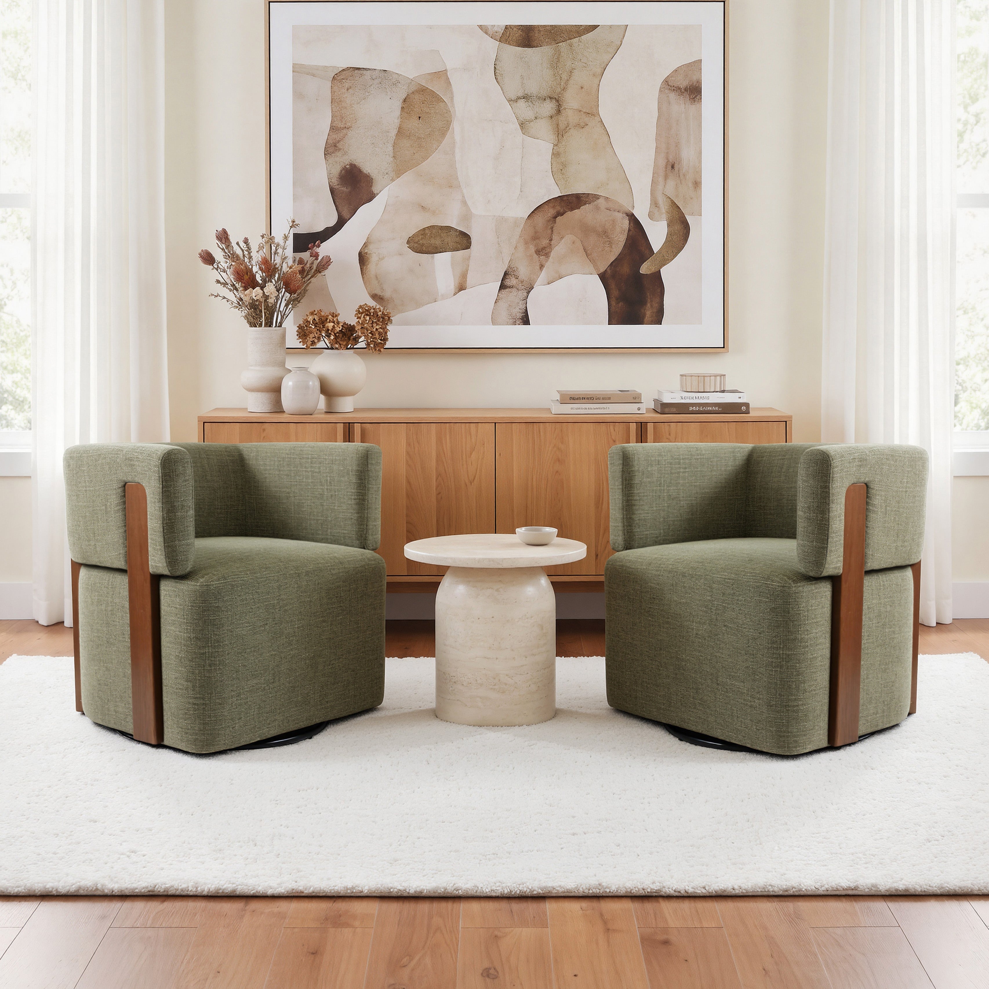 Modern Swivel Linen Accent Chair with Ash Wood Supports