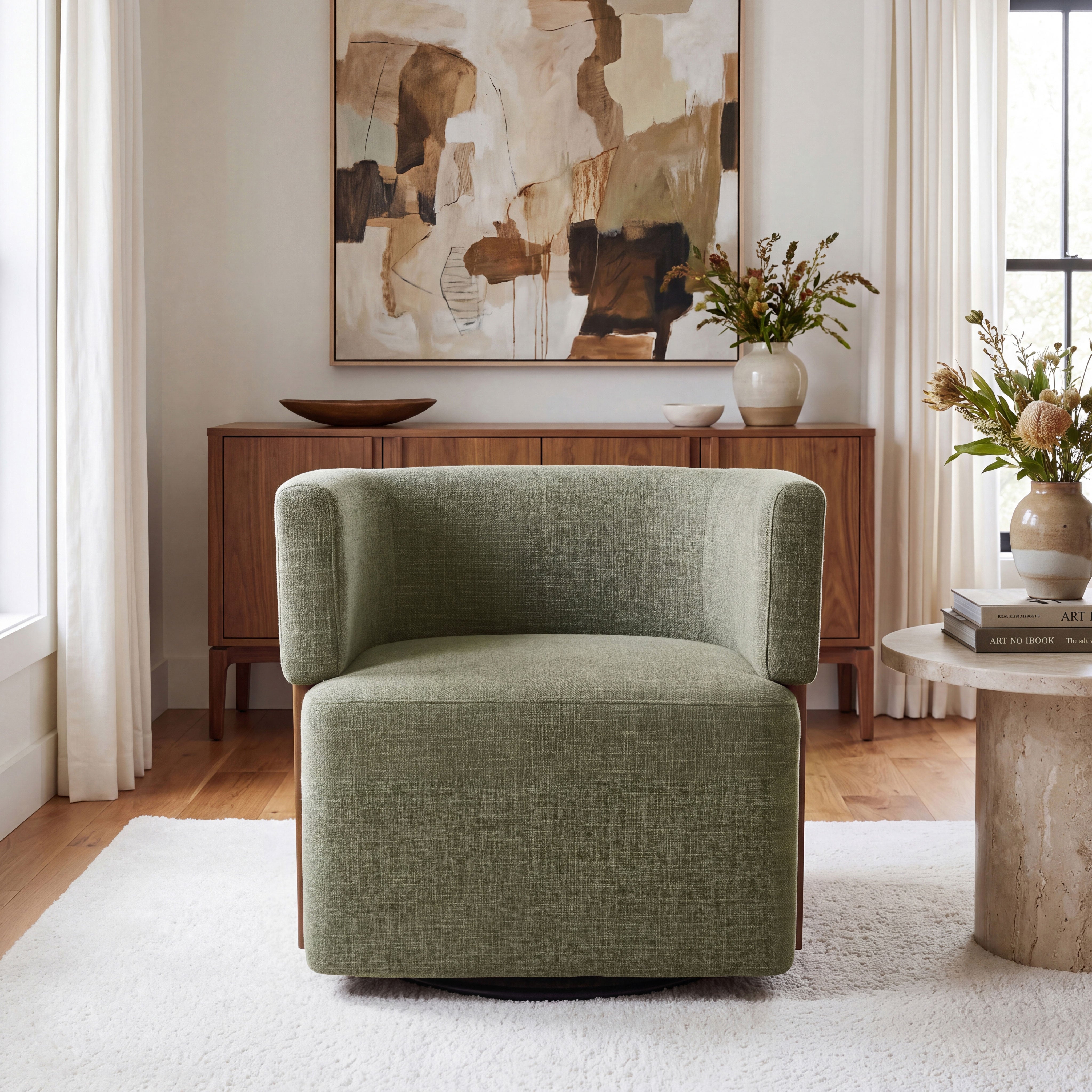 Modern Swivel Linen Accent Chair with Ash Wood Supports
