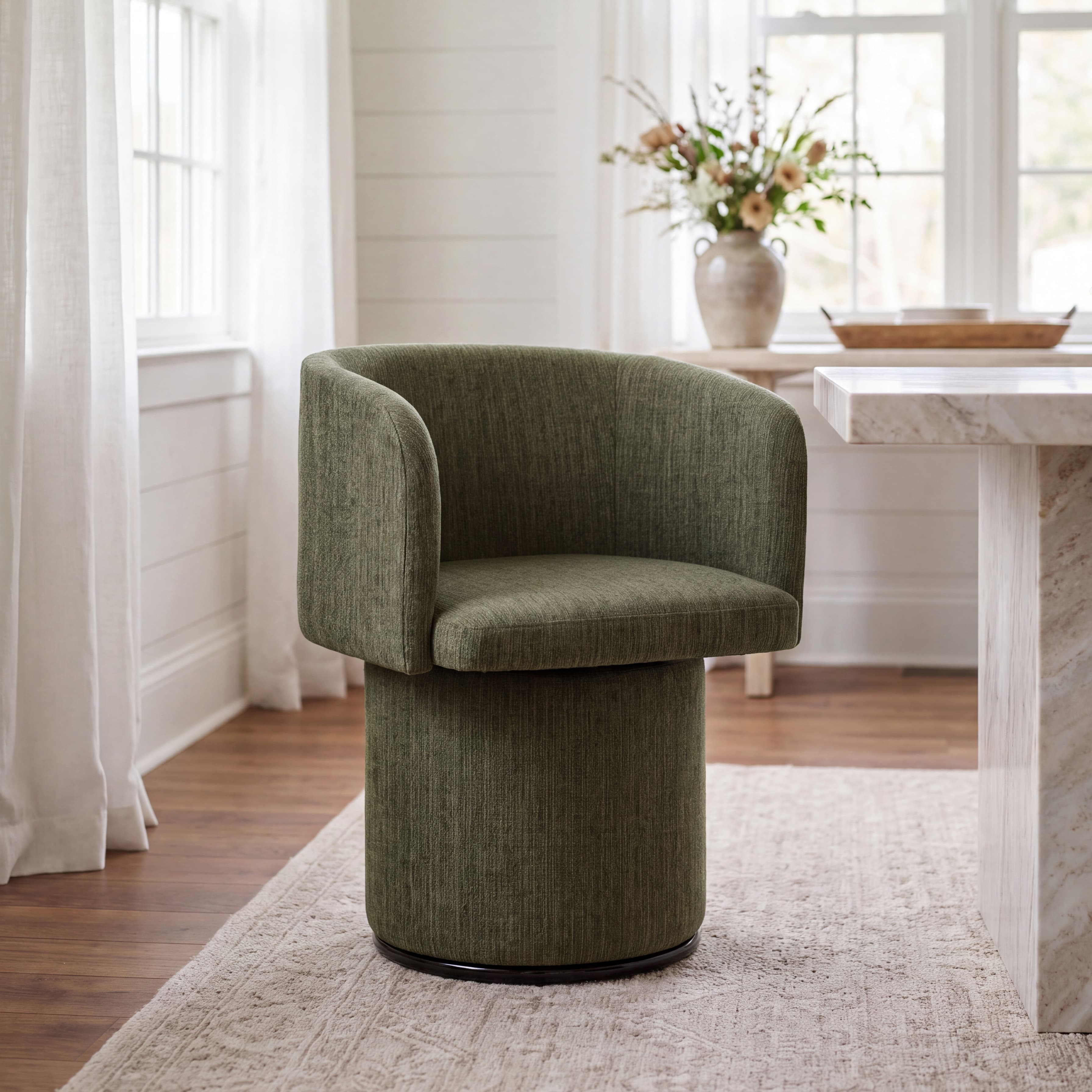 Modern Swivel Linen Dining Chair with Curved Bentwood Backrest