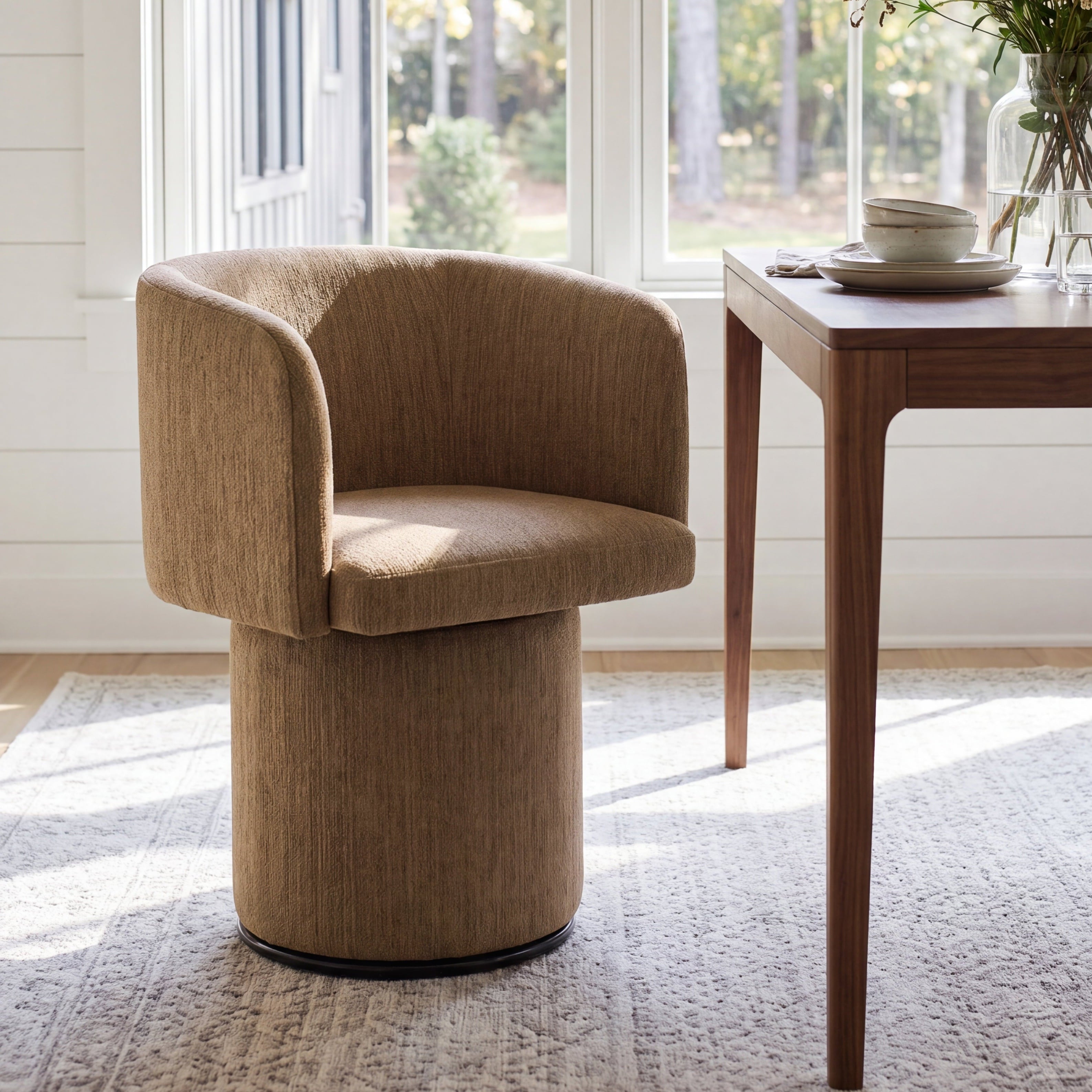 Modern Swivel Linen Dining Chair with Curved Bentwood Backrest