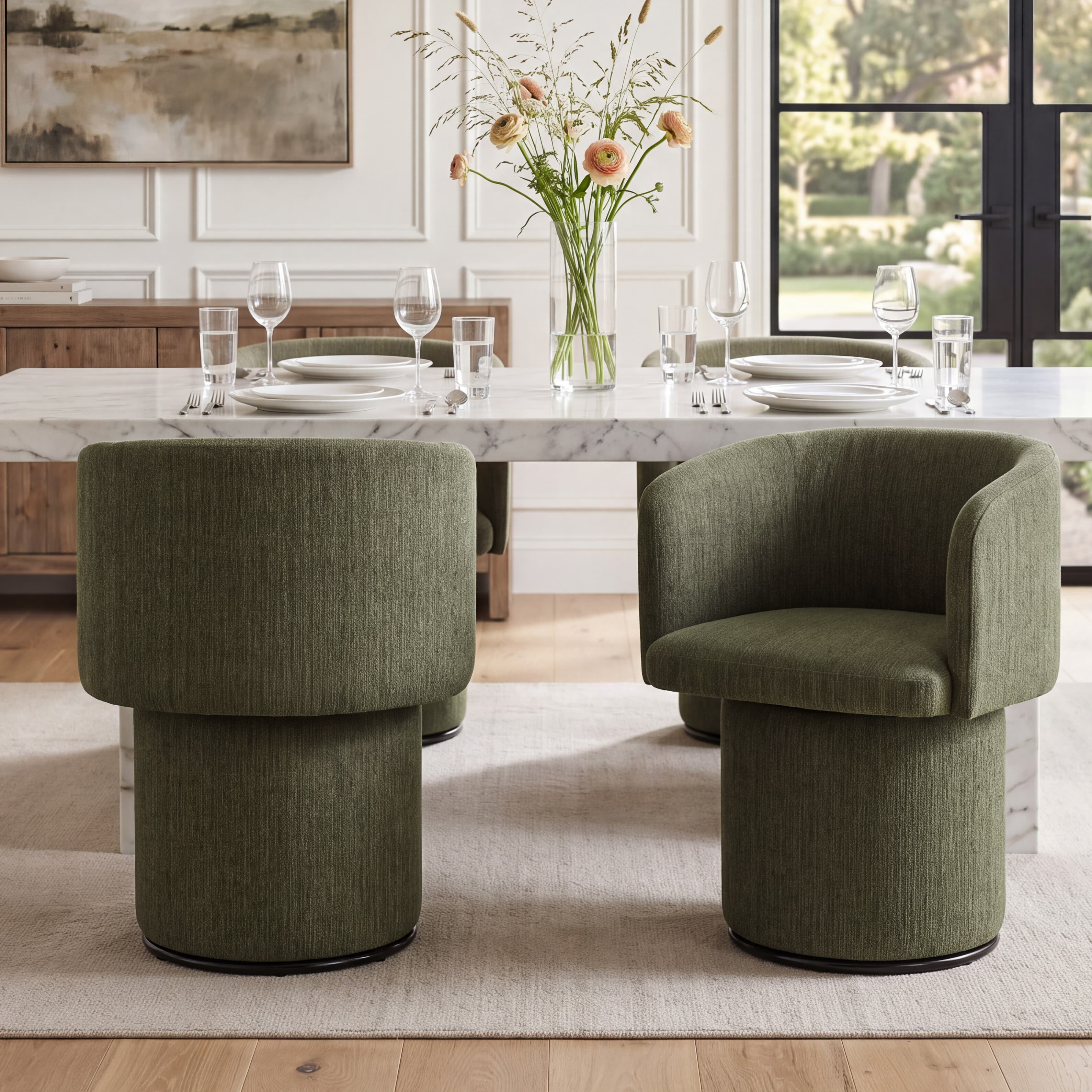Modern Swivel Linen Dining Chair with Curved Bentwood Backrest