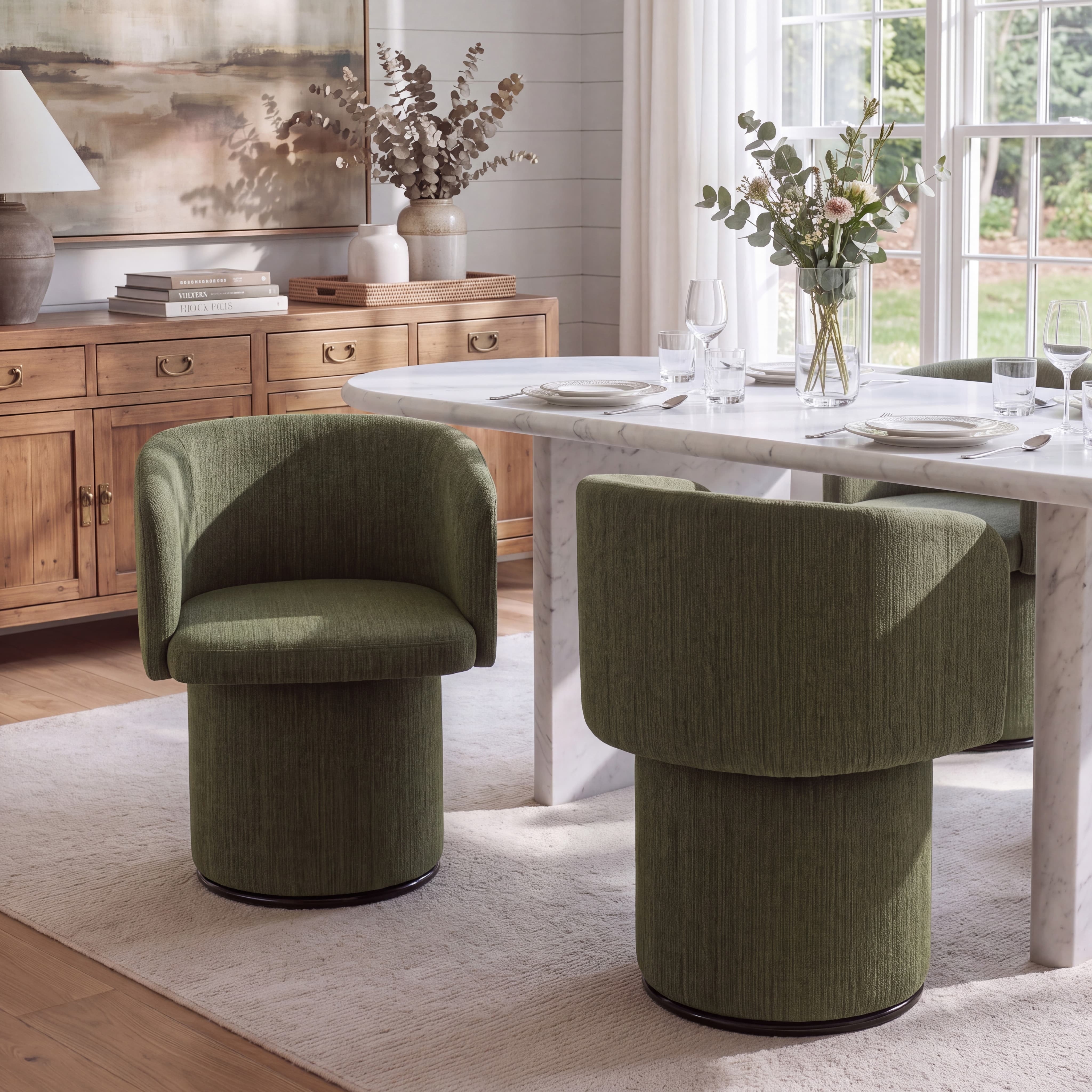 Modern Swivel Linen Dining Chair with Curved Bentwood Backrest