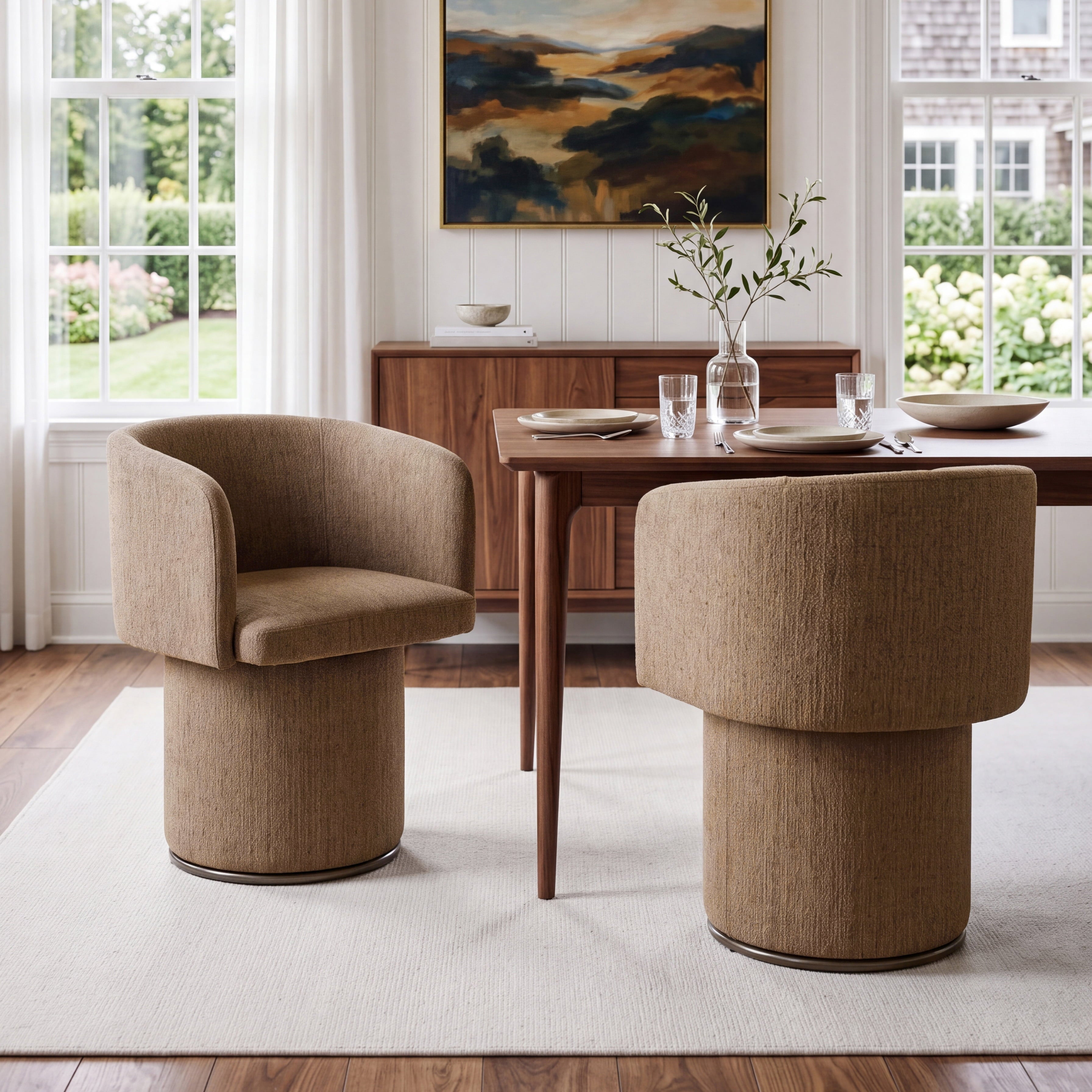 Modern Swivel Linen Dining Chair with Curved Bentwood Backrest