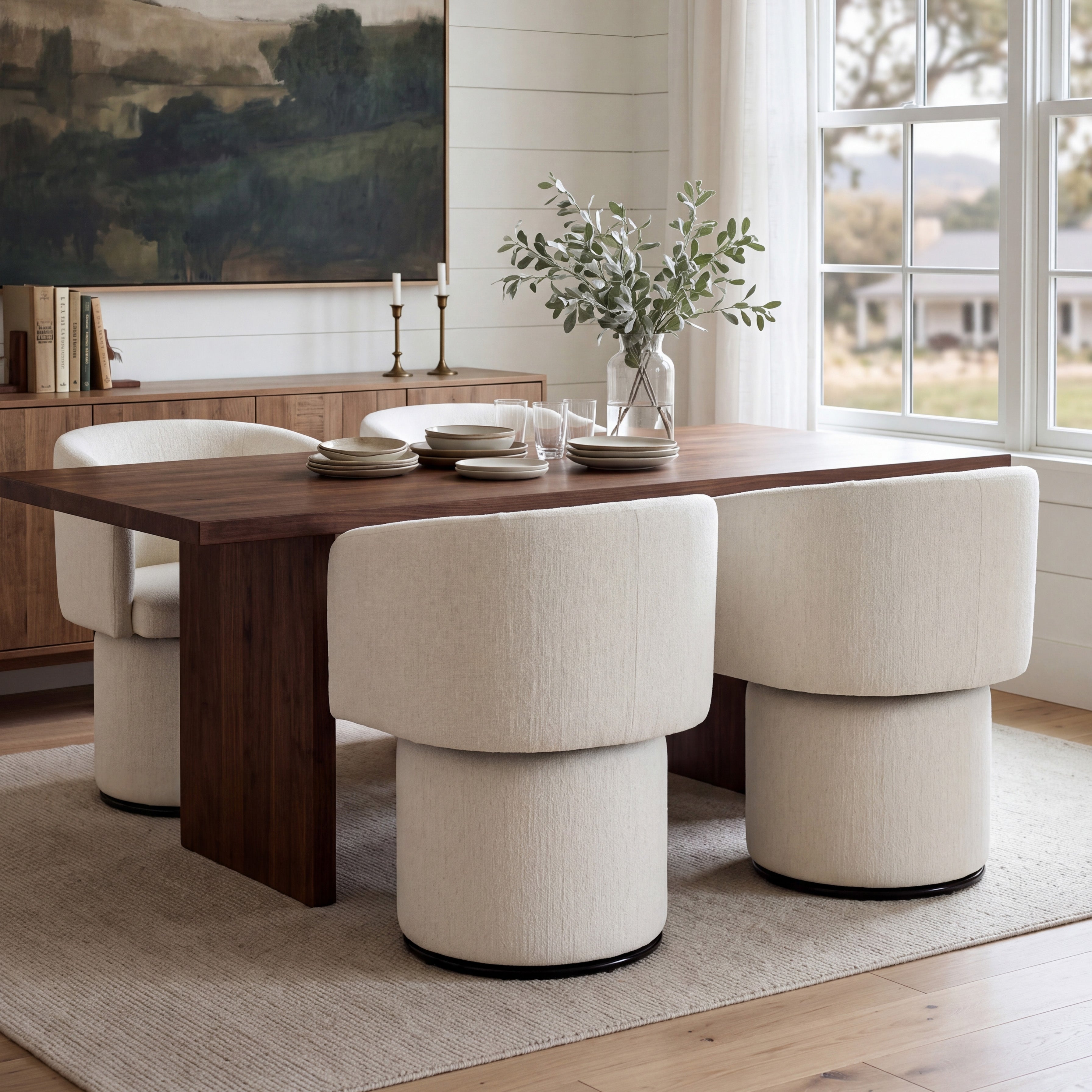 Modern Swivel Linen Dining Chair with Curved Bentwood Backrest