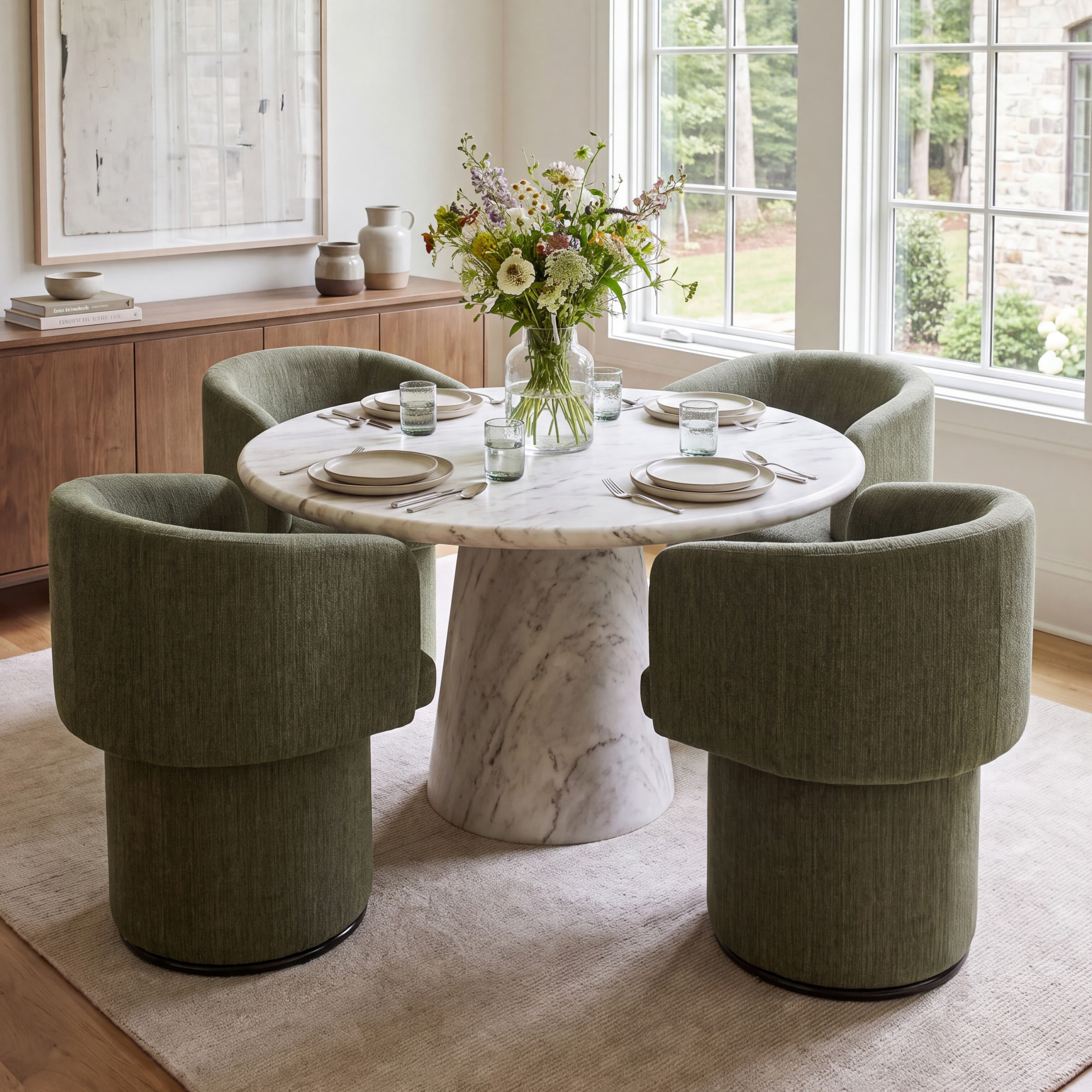 Modern Swivel Linen Dining Chair with Curved Bentwood Backrest