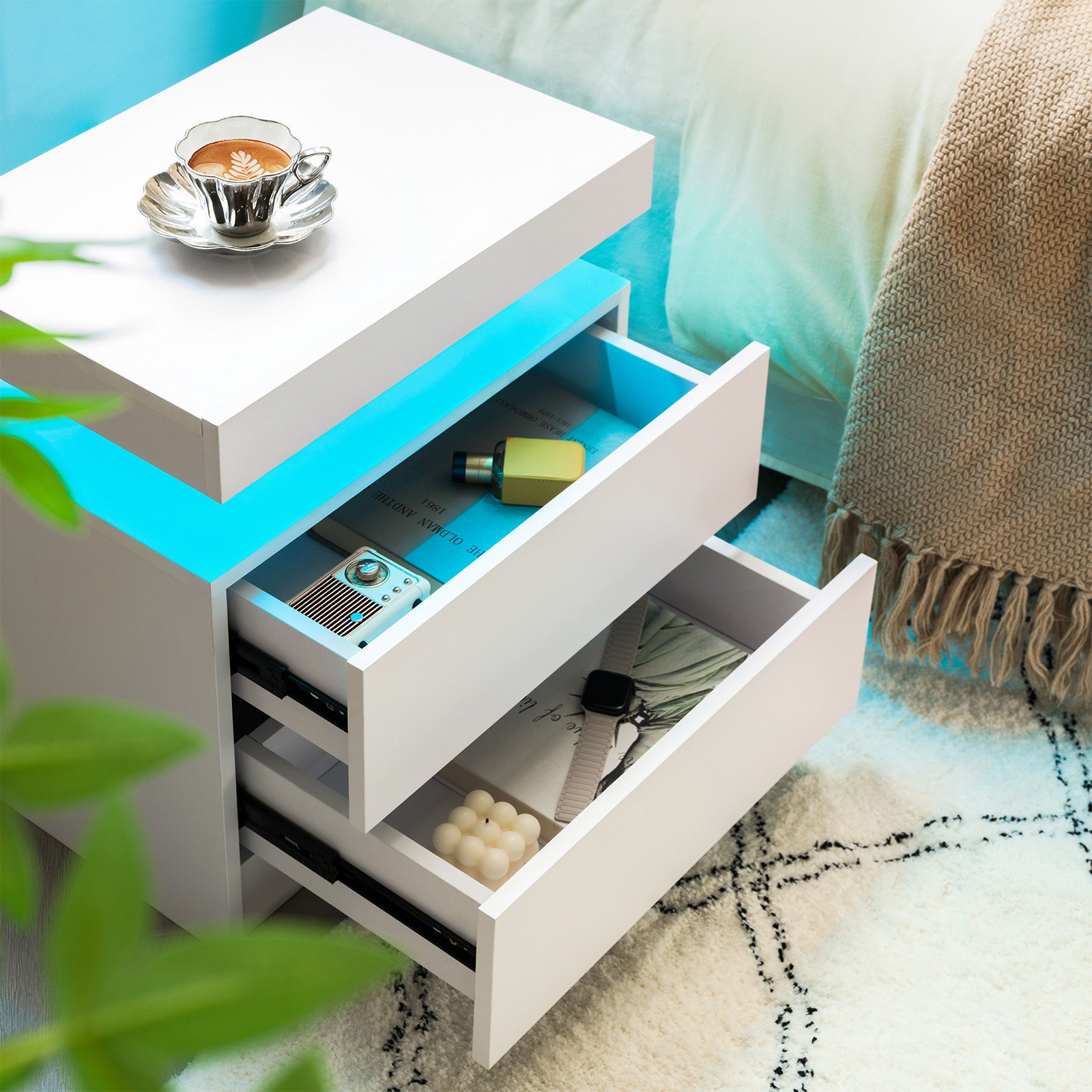 Modern LED Nightstand Bedside Table with 2 Drawers