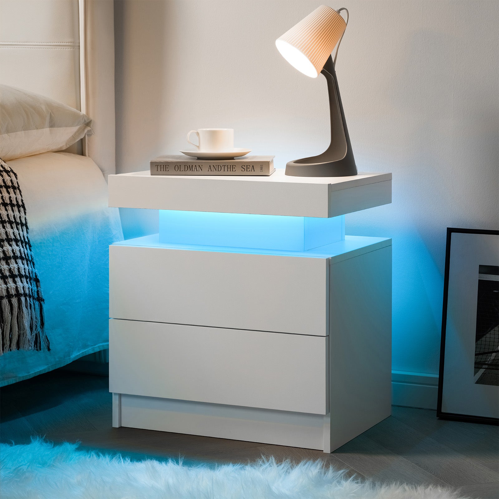 Modern LED Nightstand Bedside Table with 2 Drawers