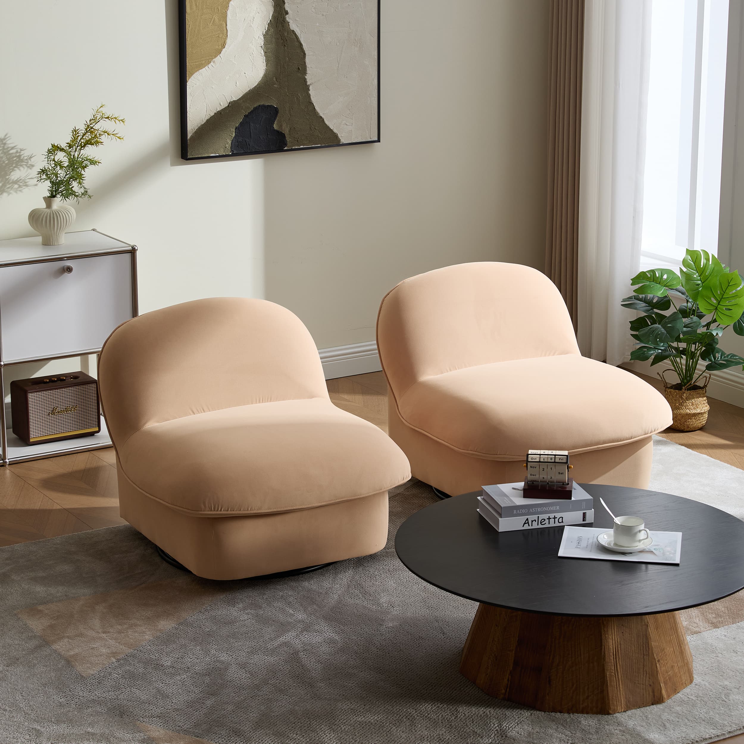 360° Swivel Velvet Pumpkin Barrel Chair with Metal Base
