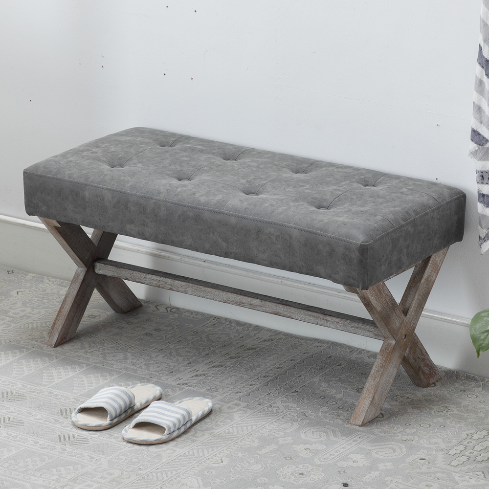PU Upholstered Textured Gray Entryway Bench - 7868