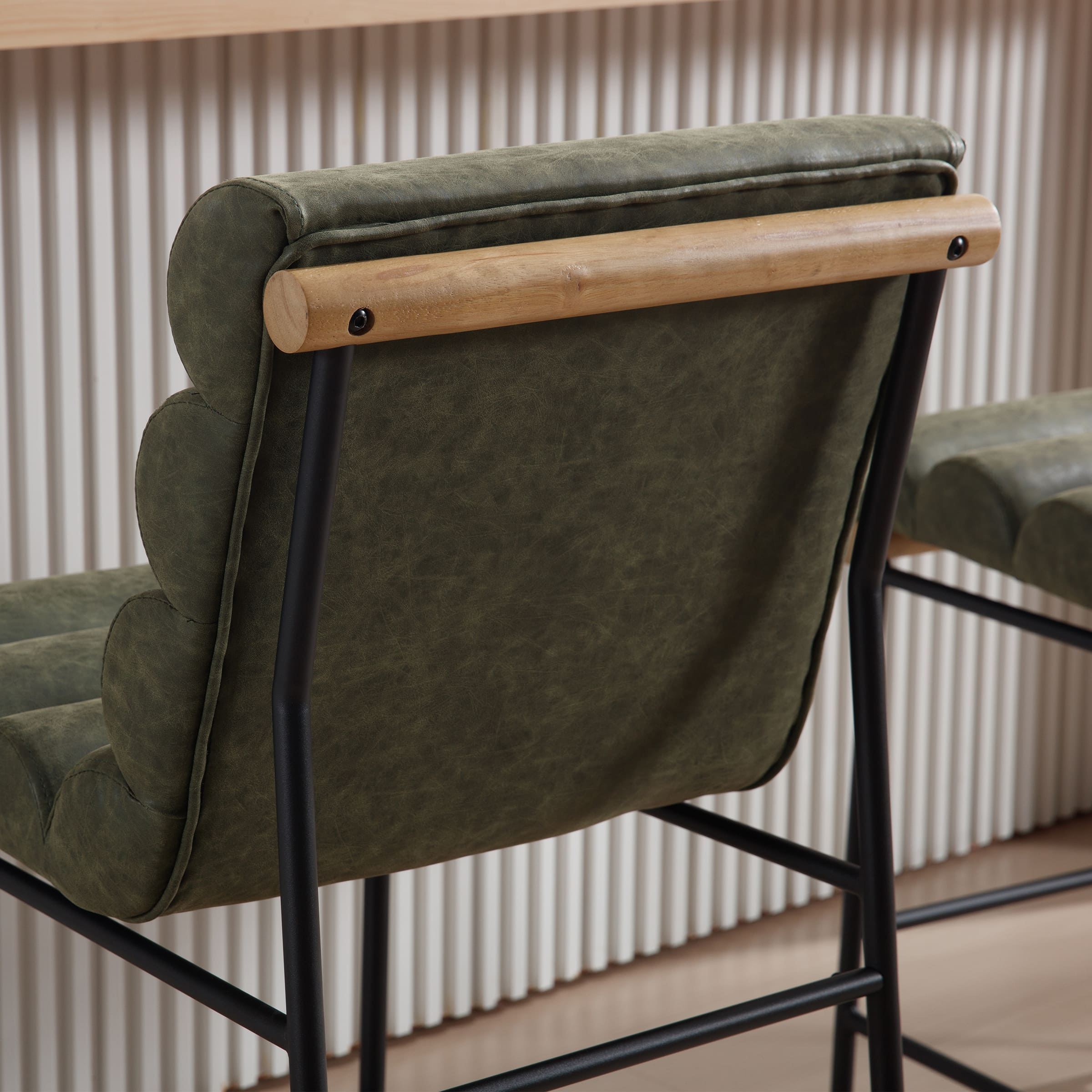Back and frame of stool with wood rail