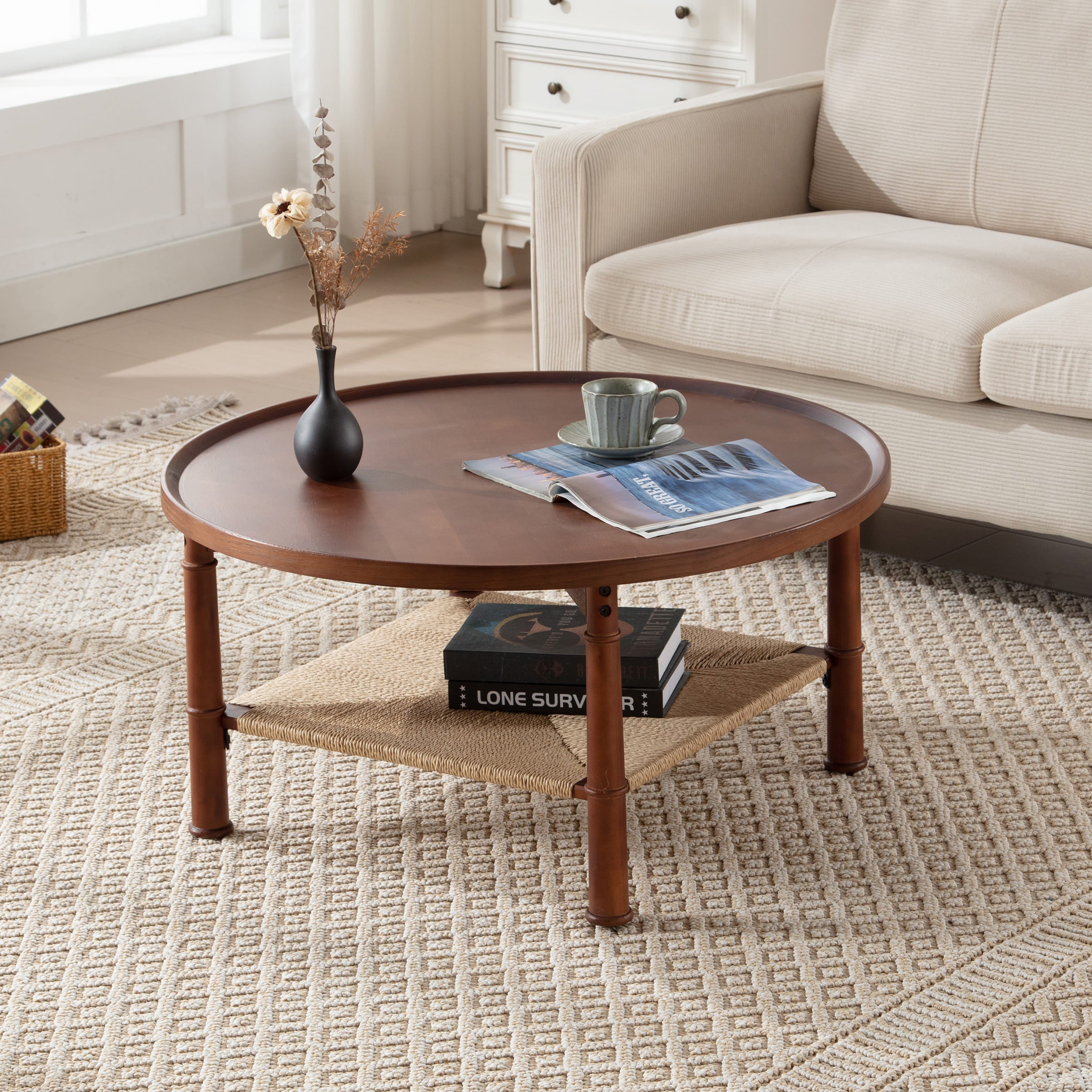 ROCITY 31.5"W Walnut Round Wooden Coffee Table with Storage - 22747