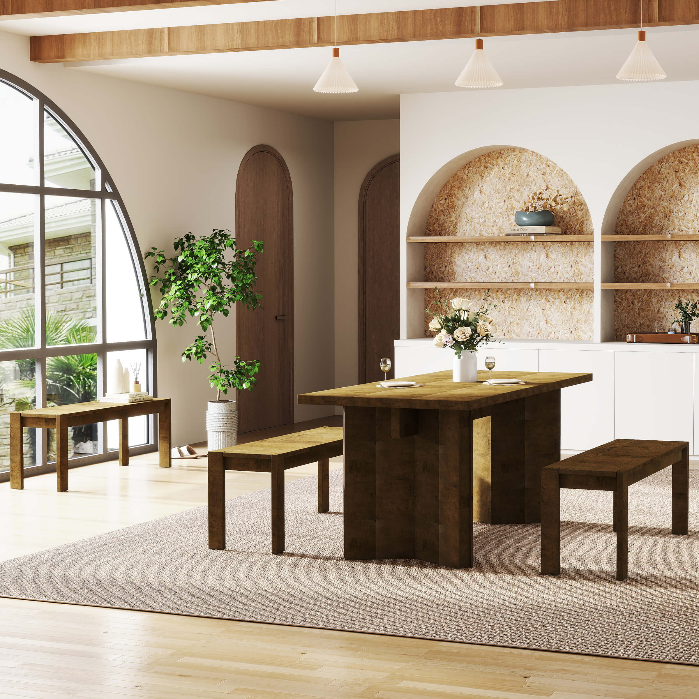 Dining table set shown in a kitchen area